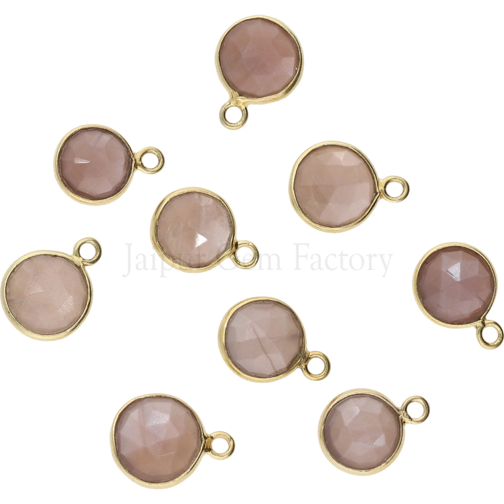 Set of 2 pcs 8.0 - 9.0 mm Gold Plated Brown Moonstone Coin Pendant Charm Bezel Jewelry Finding DIY Craft Supplies