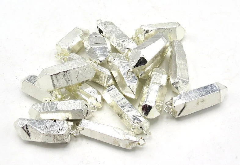 Crystal Quartz Point Pencil Shape Gemstone Full Silver Electroplated Charm Pendant 
