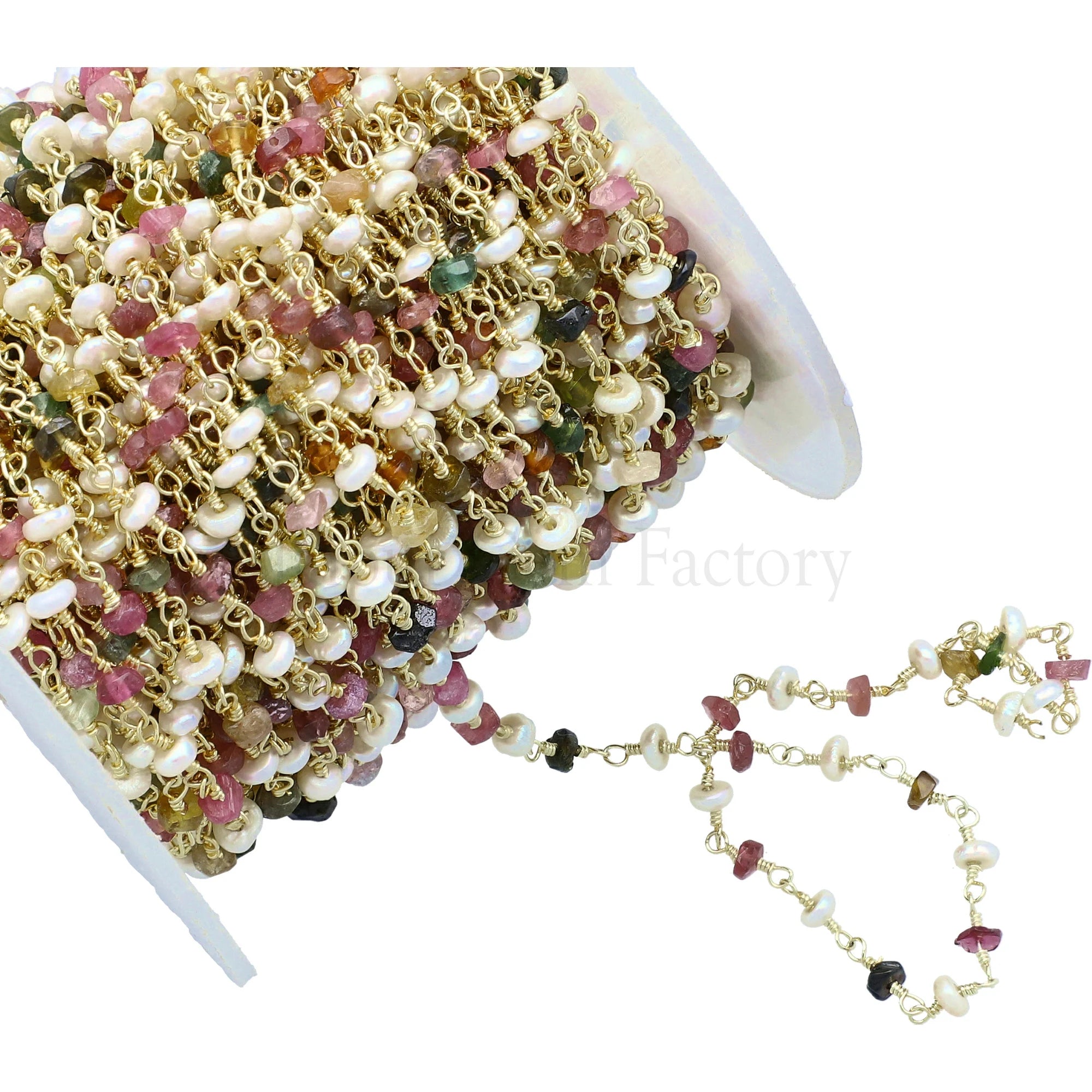 Pearl and tourmaline gold plated beads chain

