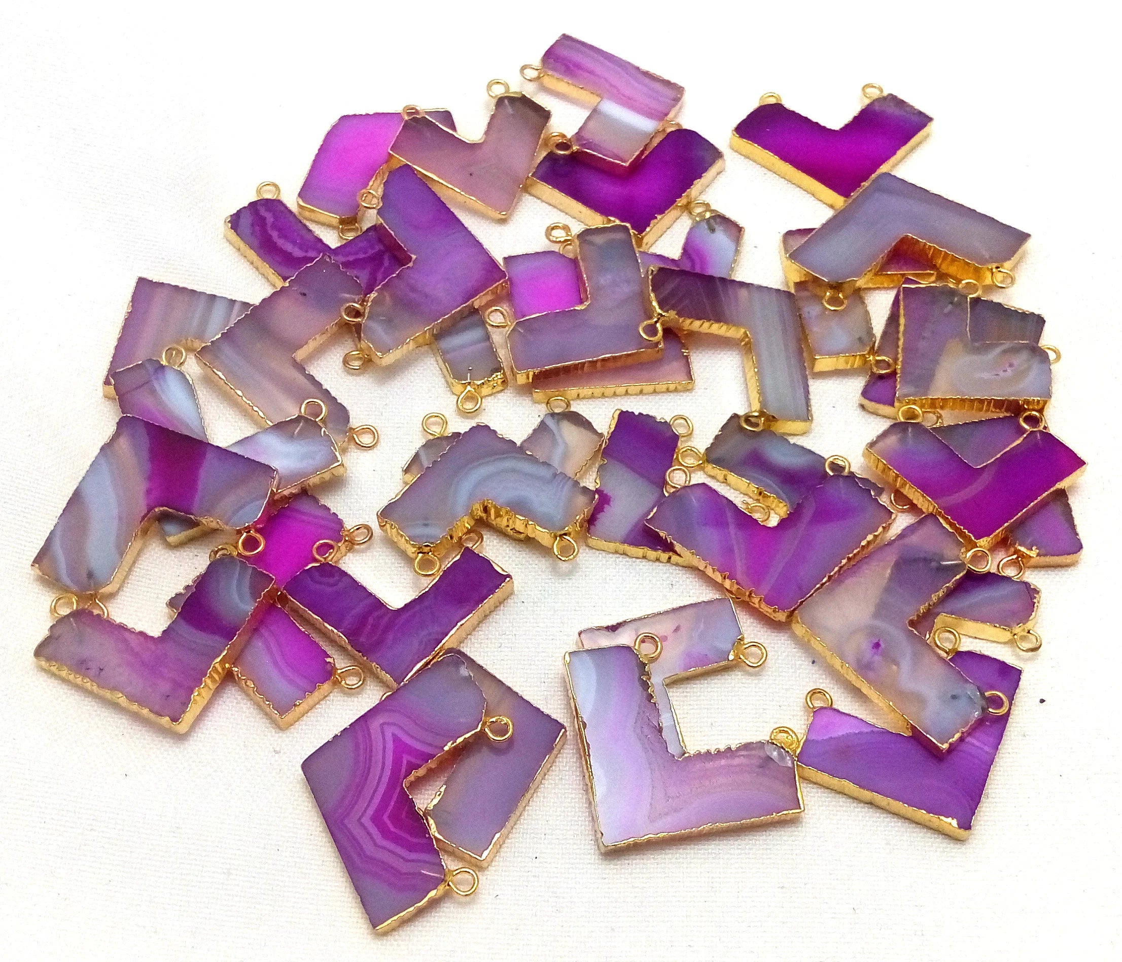 Pink Banded Agate Chevron Gemstone Gold Electroplated Charm Pendant
