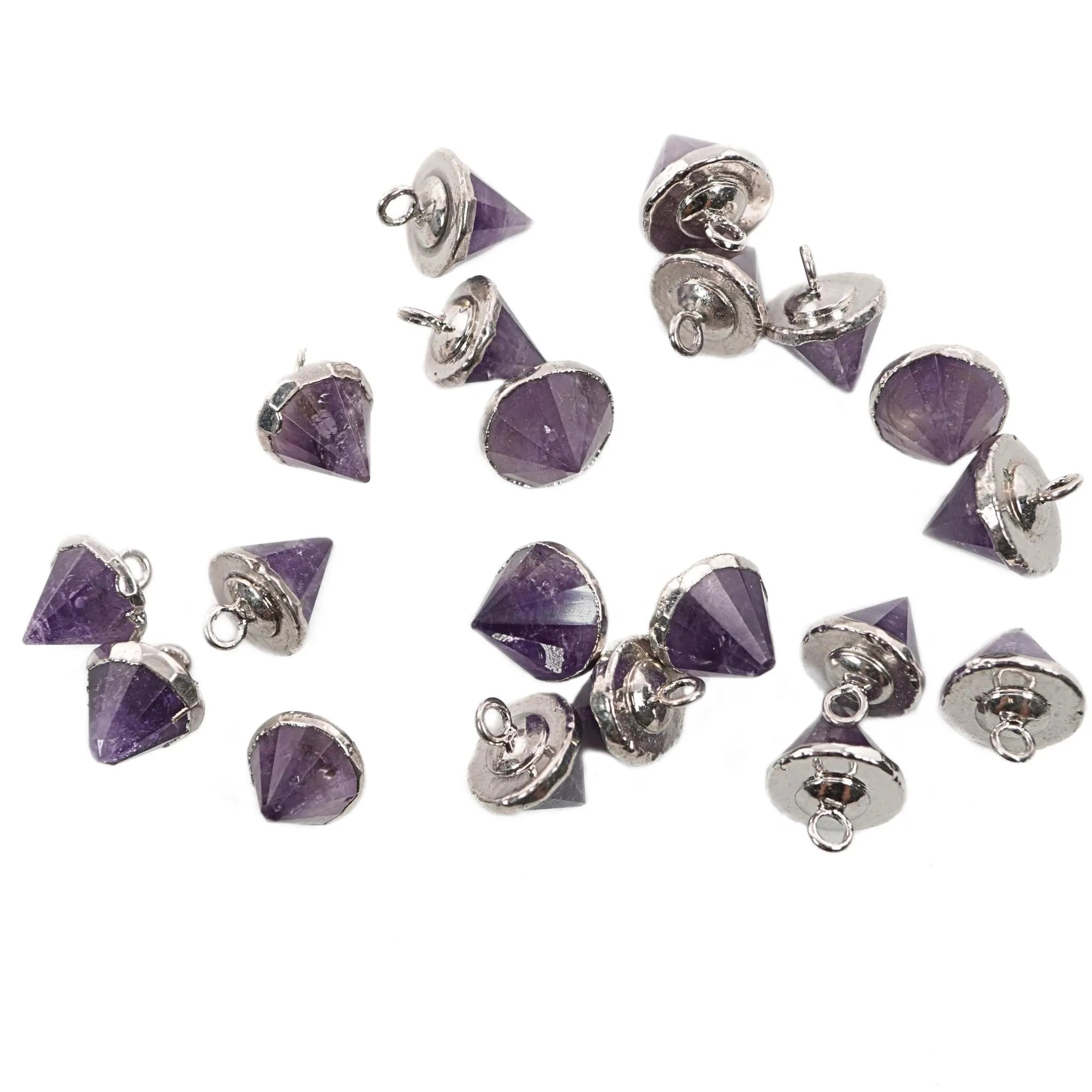 Purple Amethyst Pointed Cone Shape Gemstone Silver Electroplated Charm Pendant