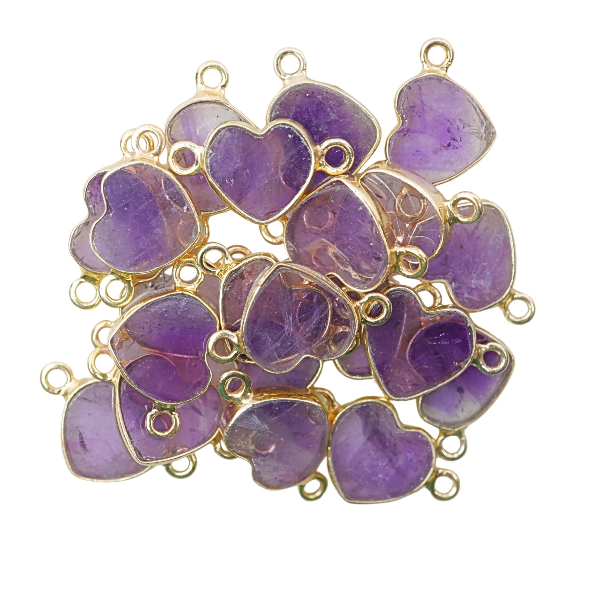 Purple Amethyst Smooth Heart Shape Gemstone Gold Electroplated Charm Connector 