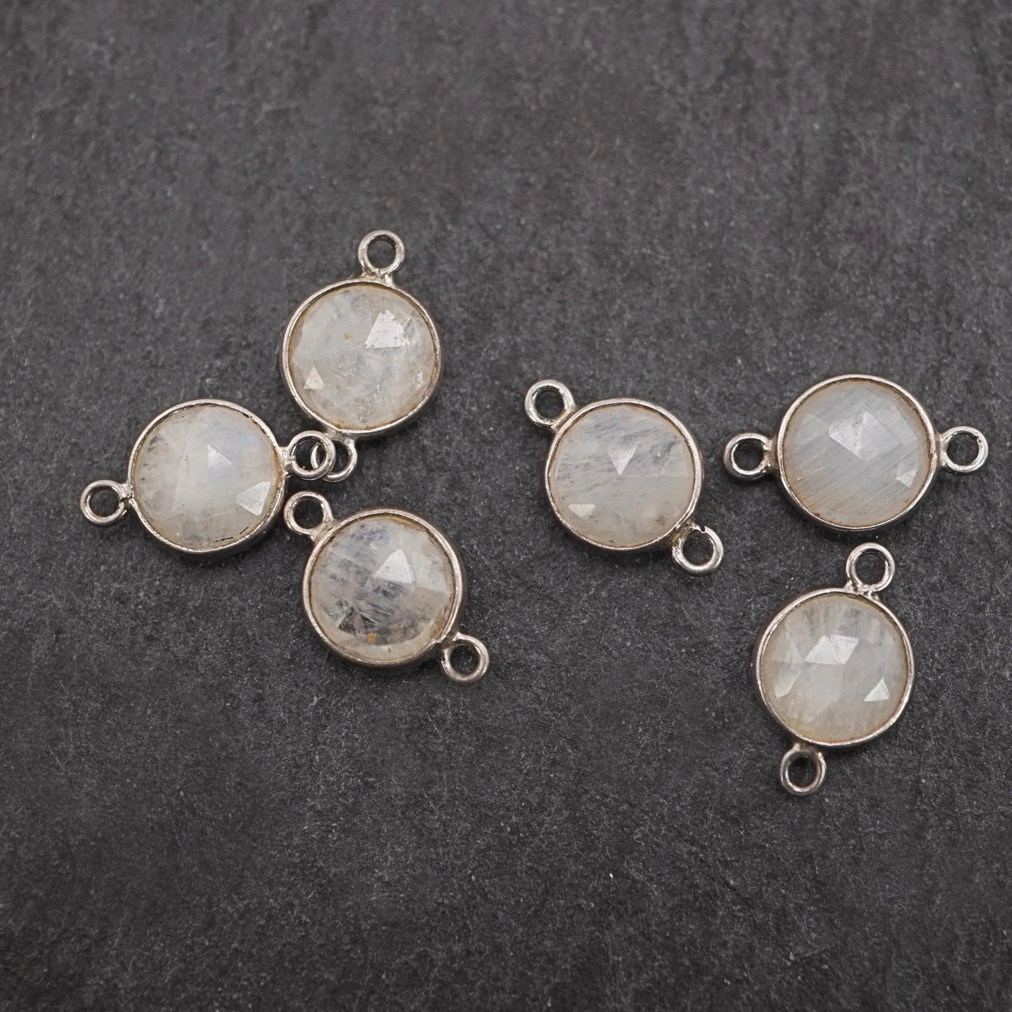 Rainbow Moonstone Coin Shape Gemstone Silver Plated Sterling Silver Bezel Charm Connector 