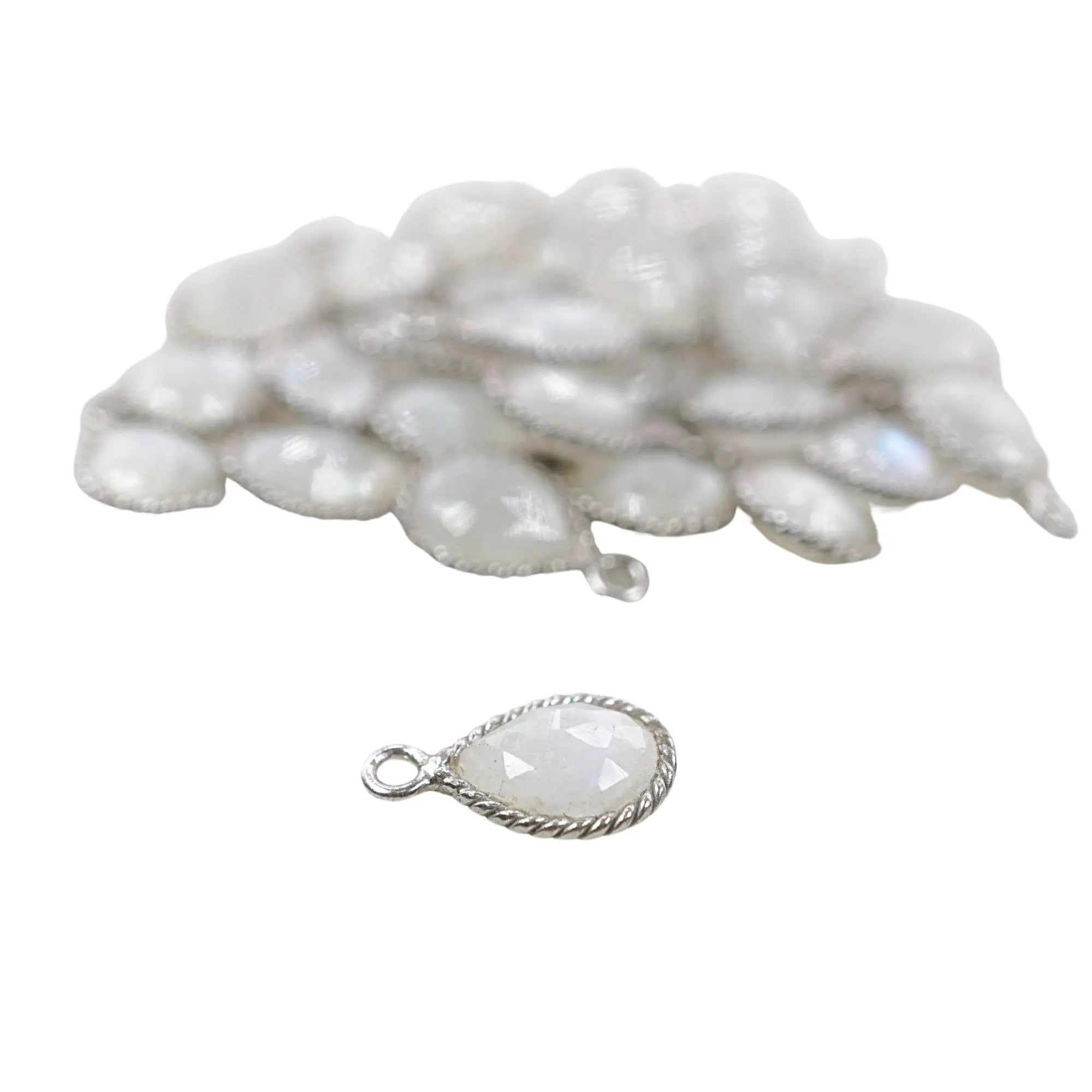 Rainbow Moonstone Pear Shape Gemstone Twisted Wire Sterling Silver Charm Pendant