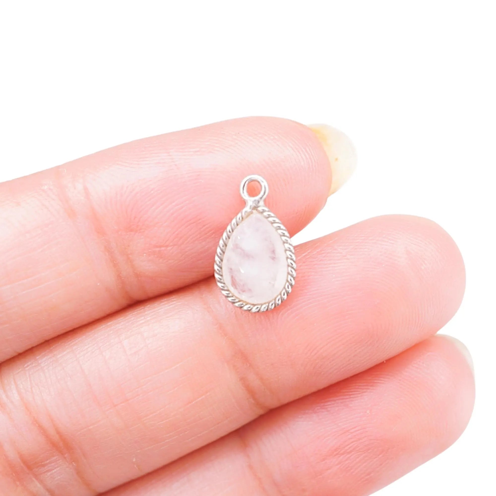 Rainbow Moonstone Pear Shape Gemstone Twisted Wire Sterling Silver Charm Pendant