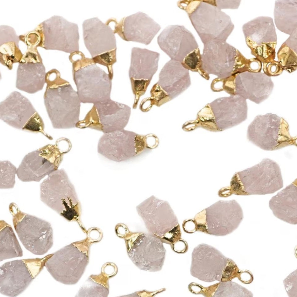 Rose Quartz Rough Shape Gemstone Gold Electroplated Charm Pendant 