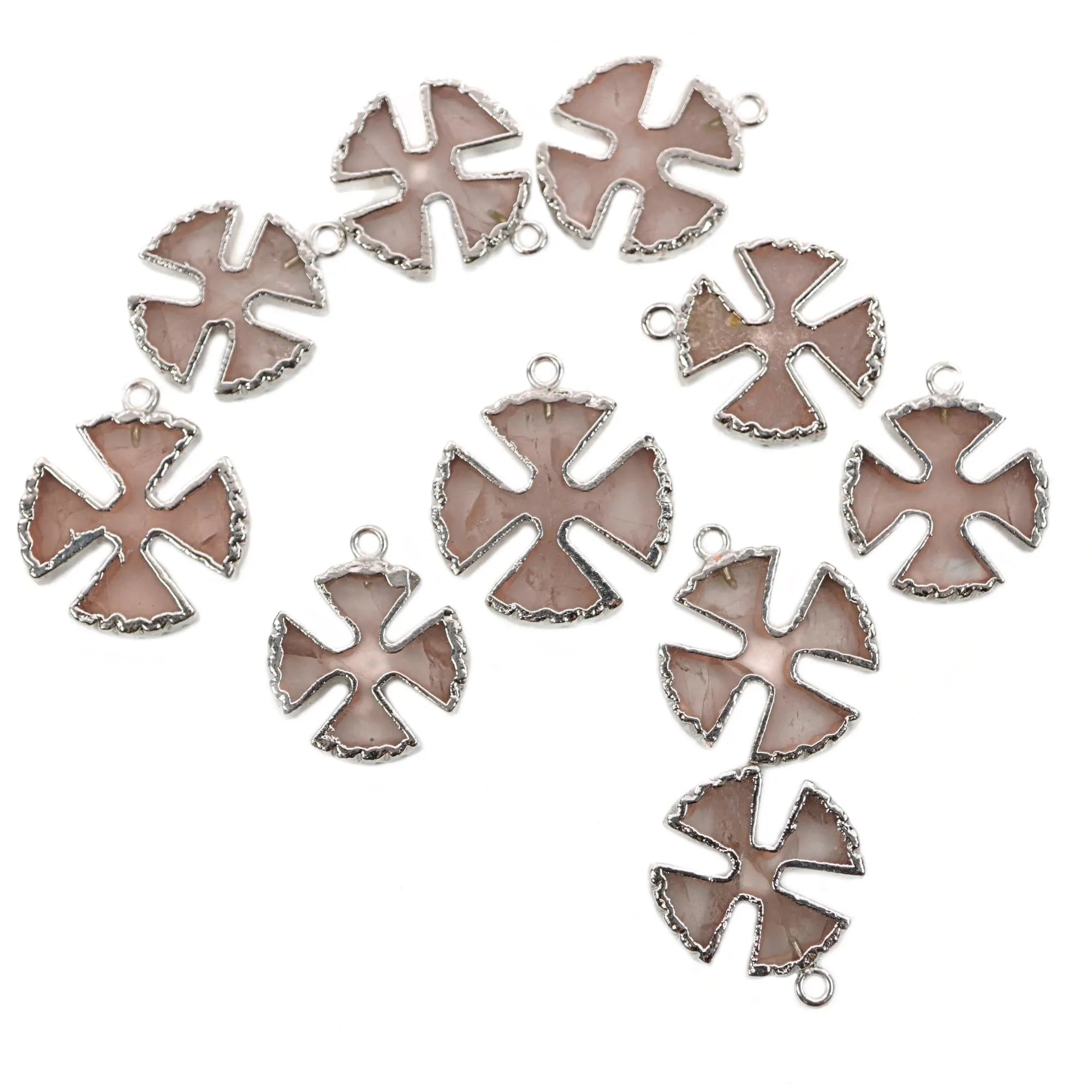 Rose Quartz Viking Cross Gemstone Silver Electroplated Charm Pendant 