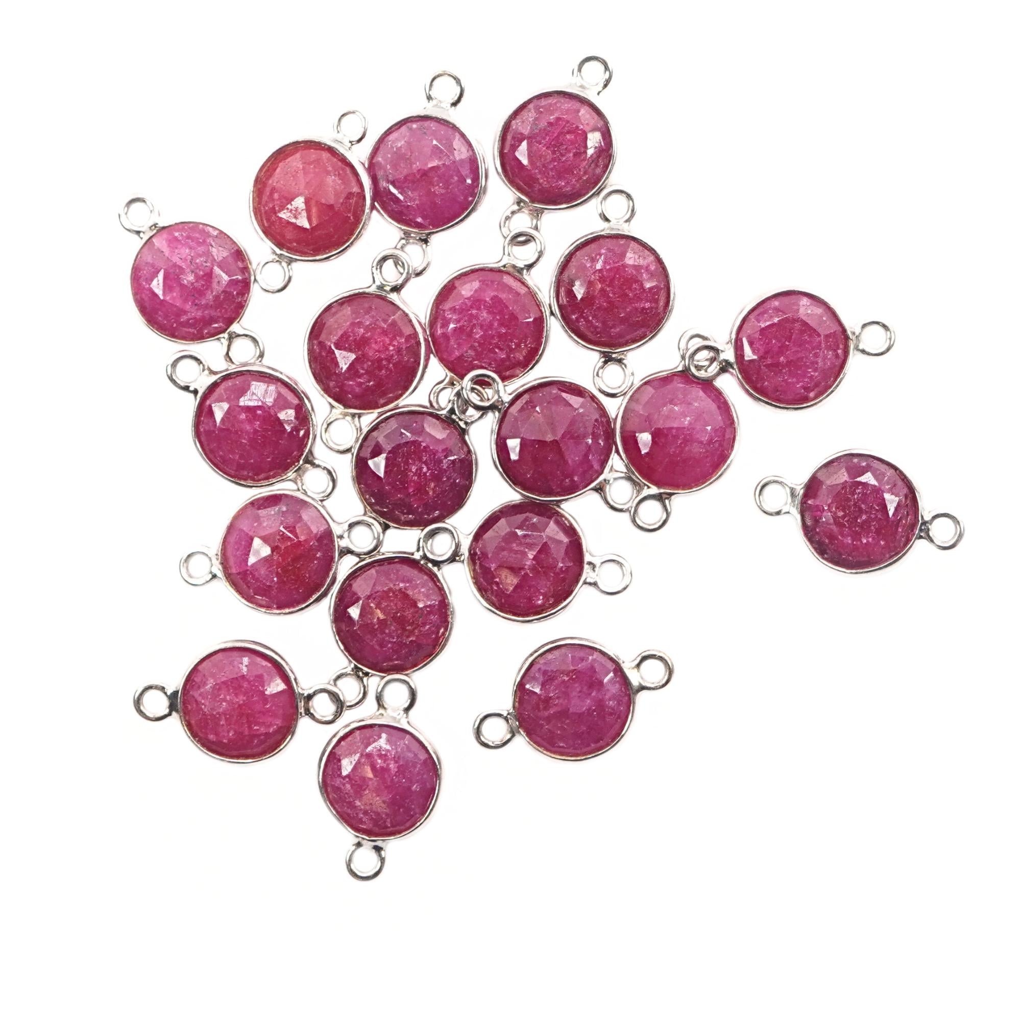 Ruby Coin Shape Gemstone Gold Plated Sterling Silver Bezel Charm Connector 