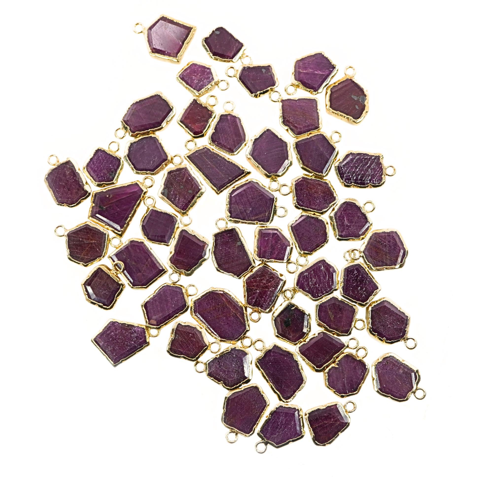 Ruby Corundum Slice Gemstone Gold Electroplated Charm Pendant 