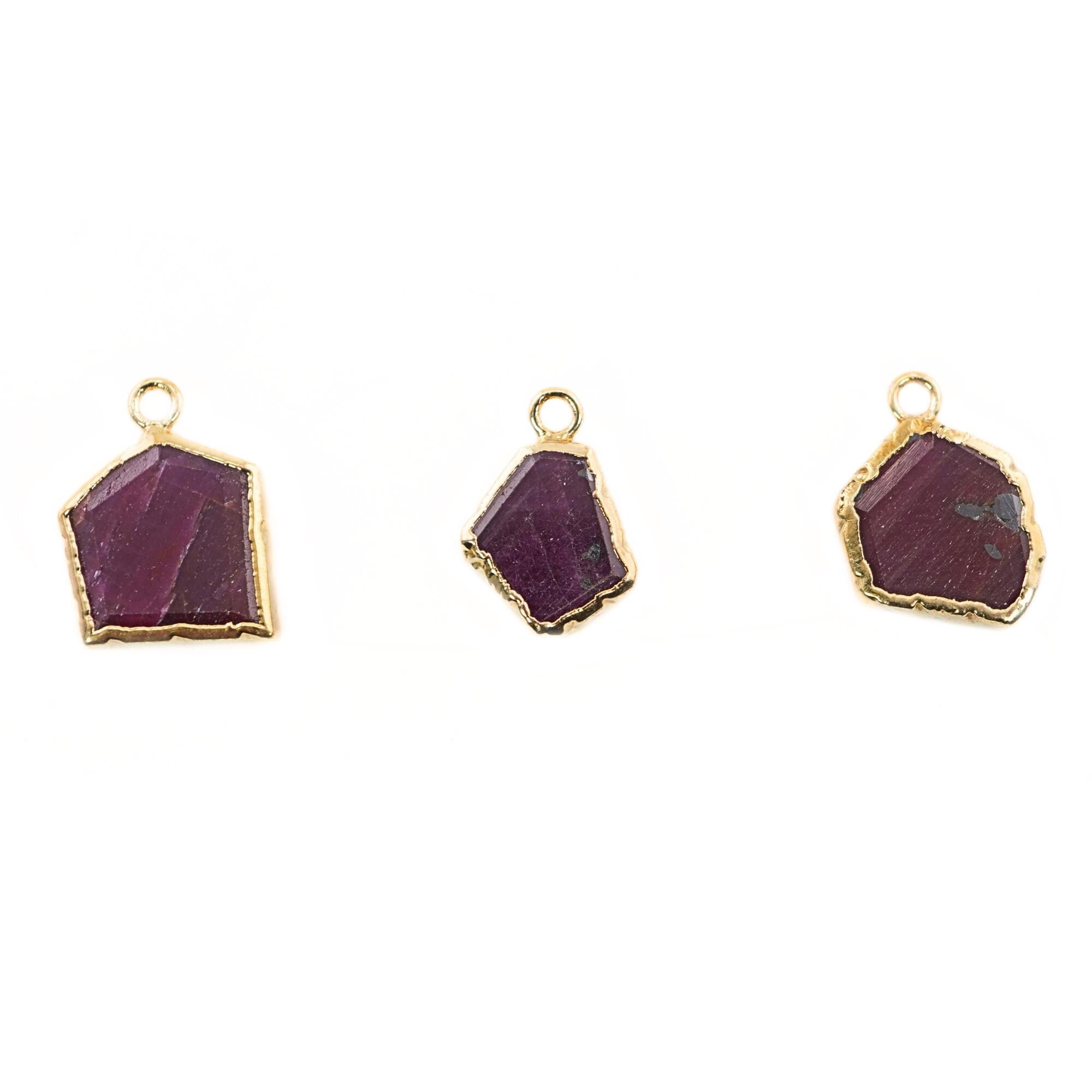 Ruby Corundum Slice Gemstone Gold Electroplated Charm Pendant 