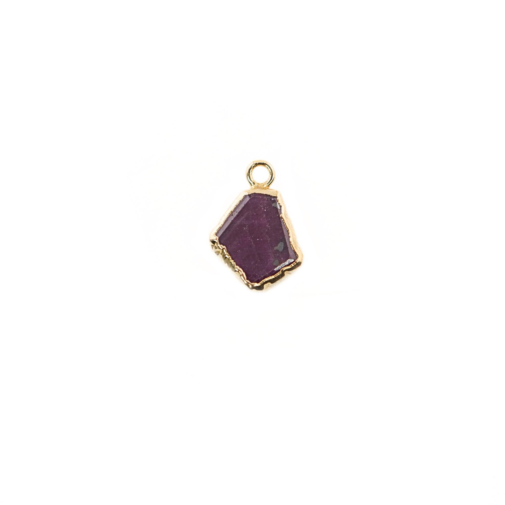Ruby Corundum Slice Gemstone Gold Electroplated Charm Pendant 
