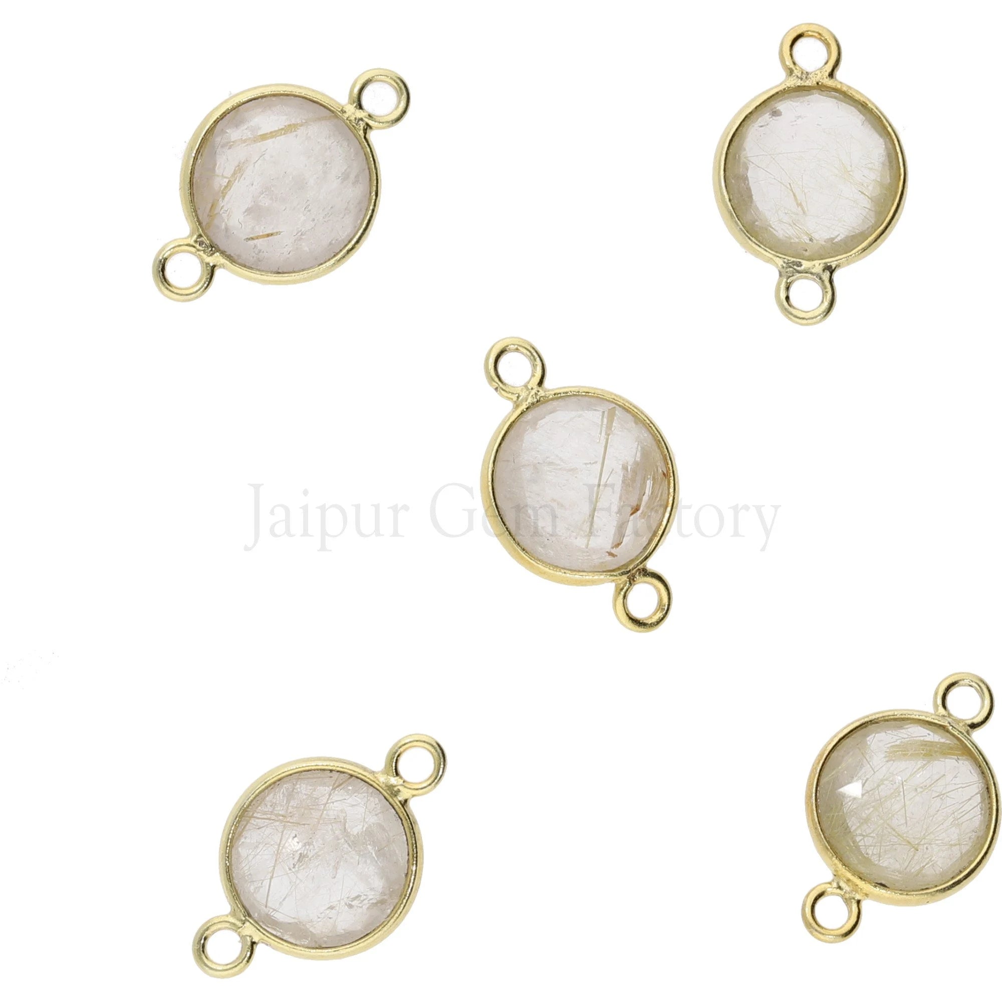 Rutilated Quartz Coin Gemstone Gold Plated Sterling Silver Charm Connector 