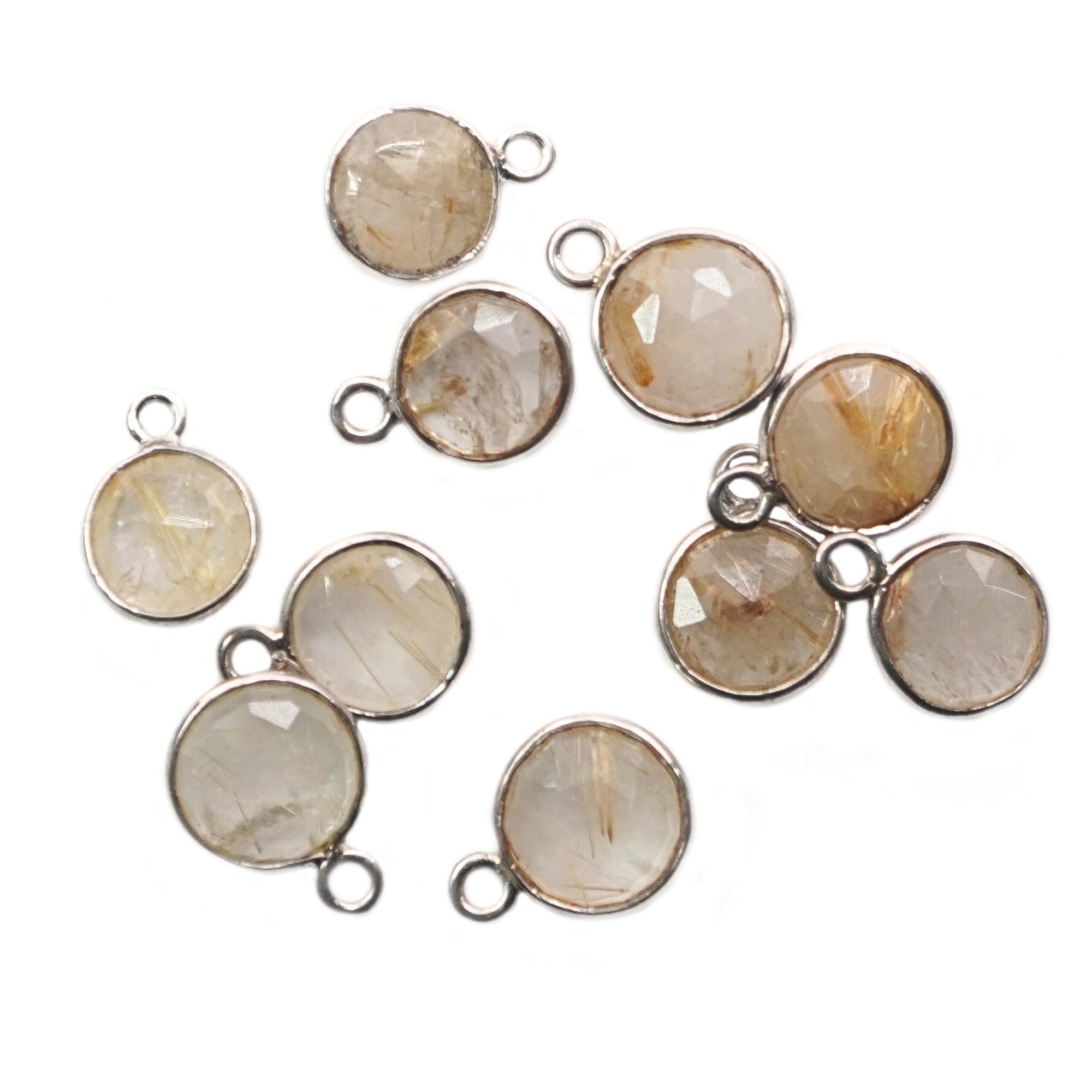 Rutilated Quartz Coin Shape Gemstone Gold Plated Sterling Silver Charm Pendant