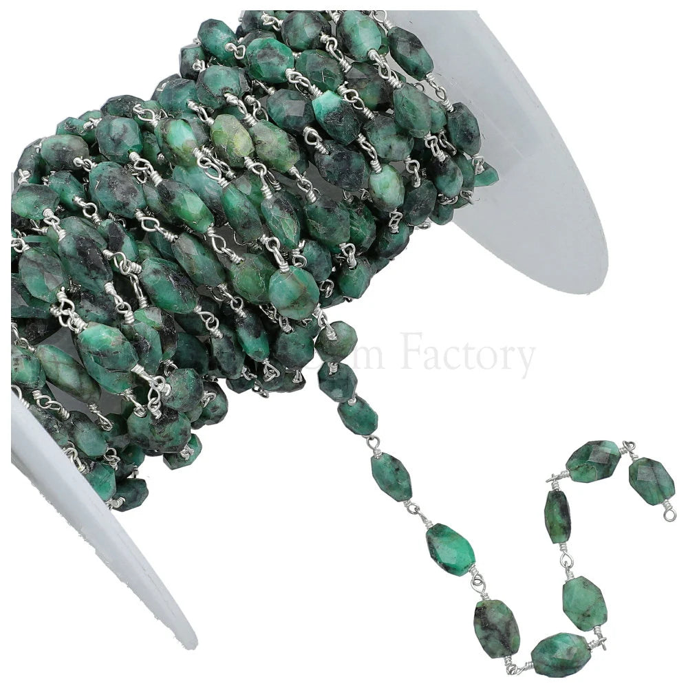 Raw Emerald Faceted Oval Gemstone Brass Silver Plated Rosary Beads Chain