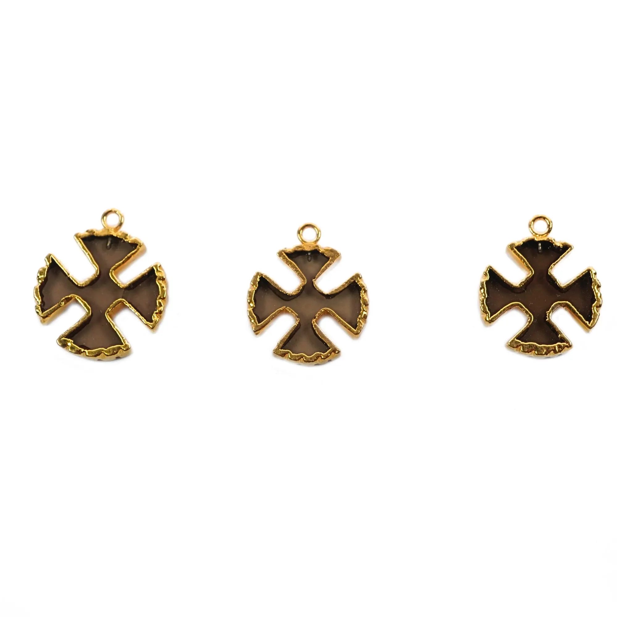 Smoky Quartz Viking Cross Gemstone Gold Electroplated Charm Pendant