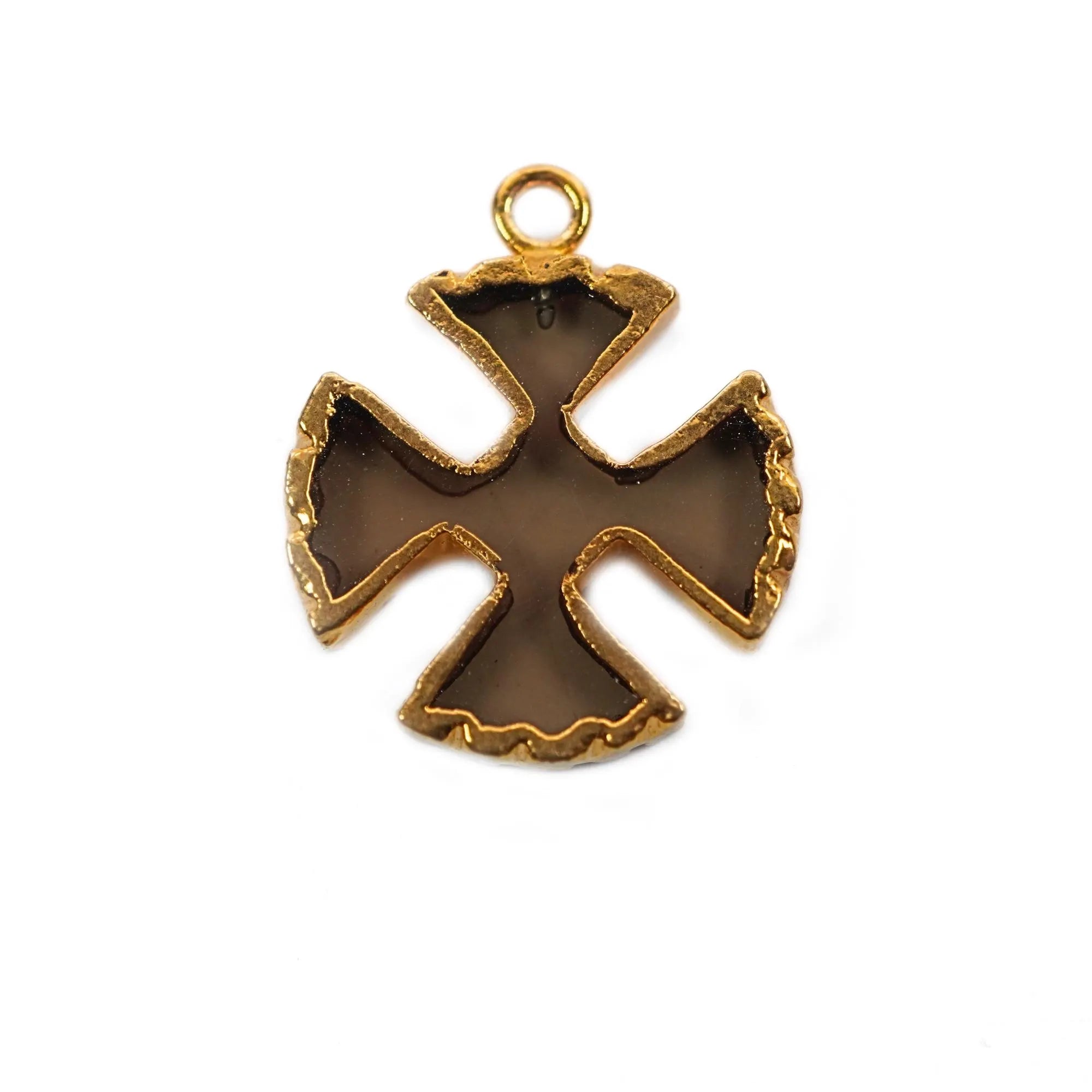 Smoky Quartz Viking Cross Gemstone Gold Electroplated Charm Pendant