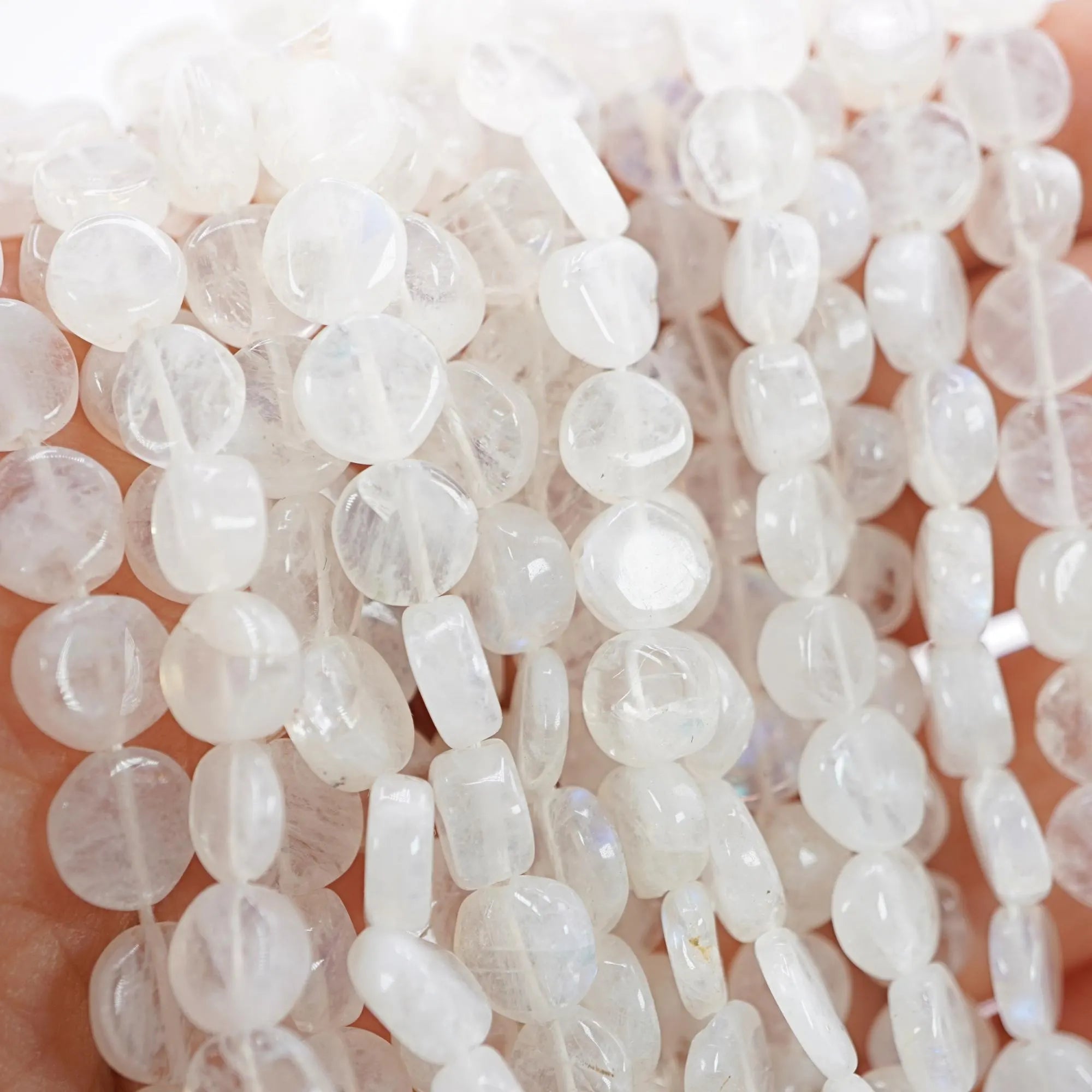Smooth coin beads rainbow moonstone