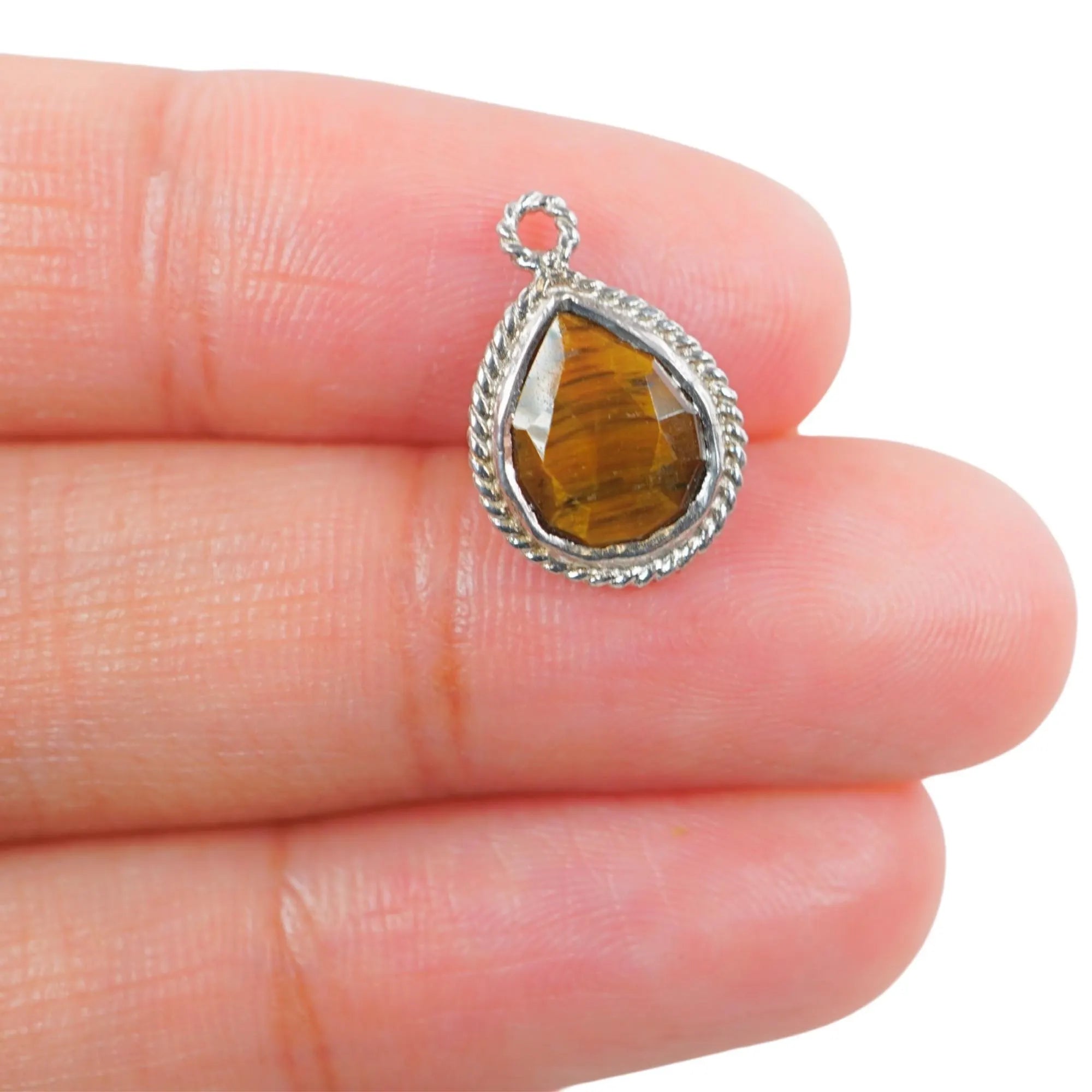 Tiger Eye Pear Shape Gemstone Twisted Wire Sterling Silver Bezel Charm Pendant