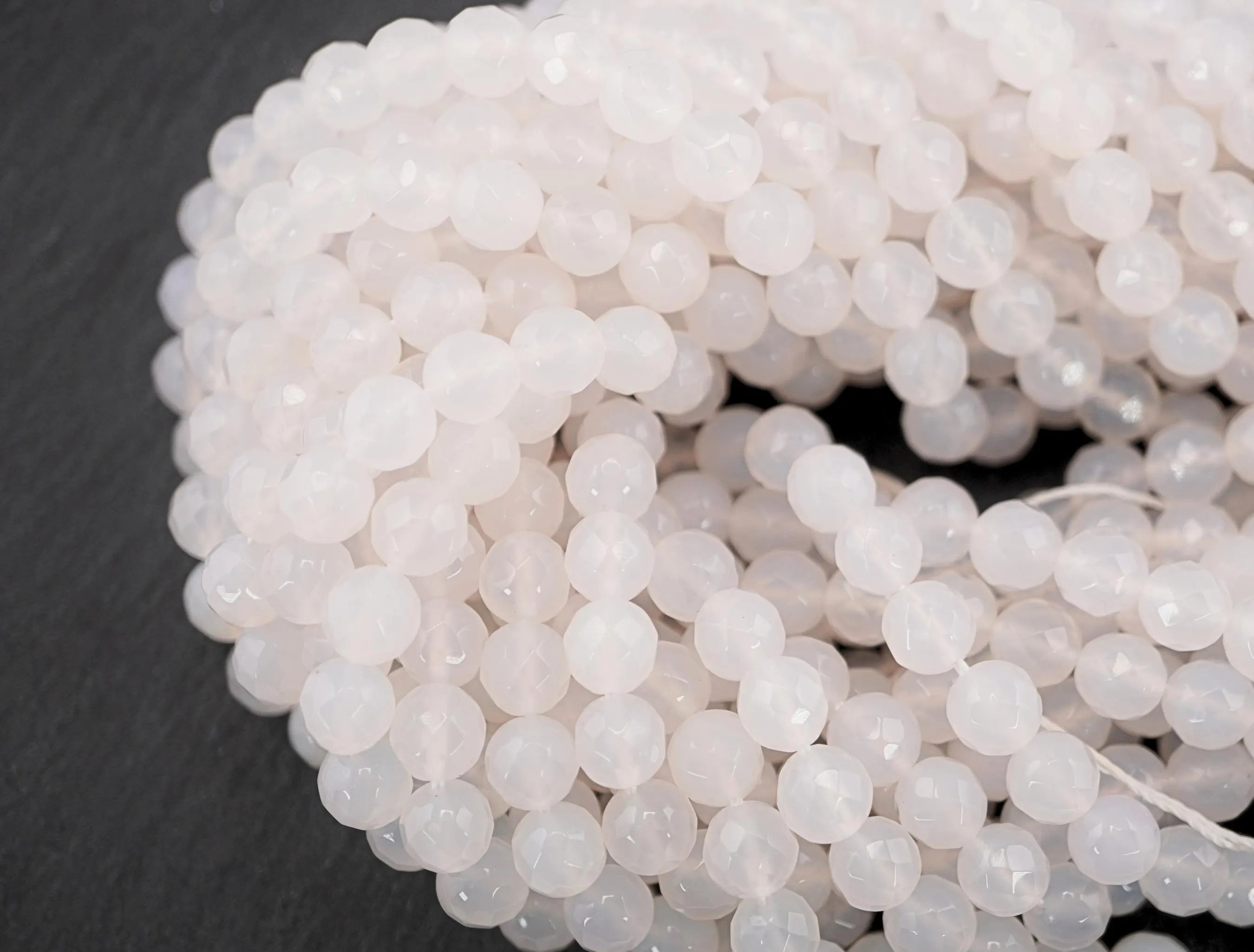 White Chalcedony Faceted Round Shape Strand Beads 