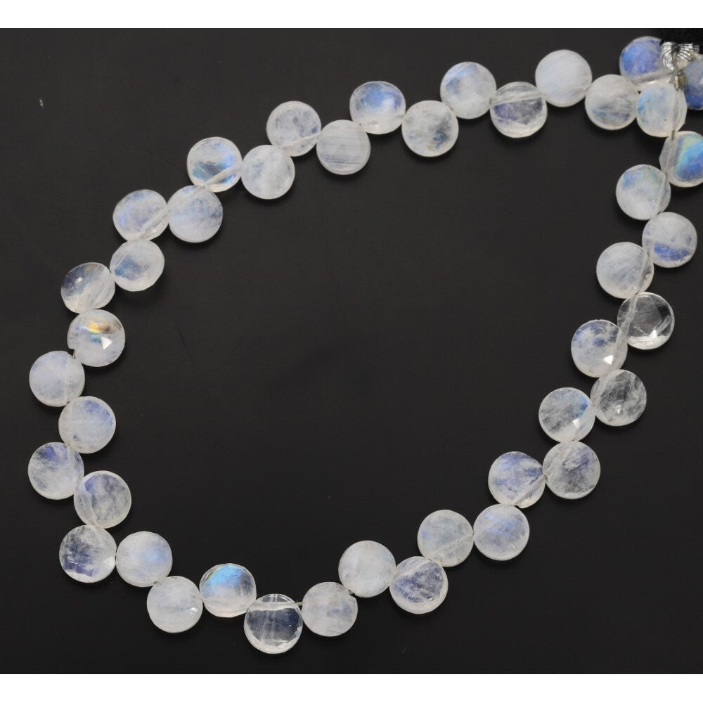 White Rainbow Moonstone Faceted Coin Shape Gemstone Strand Beads