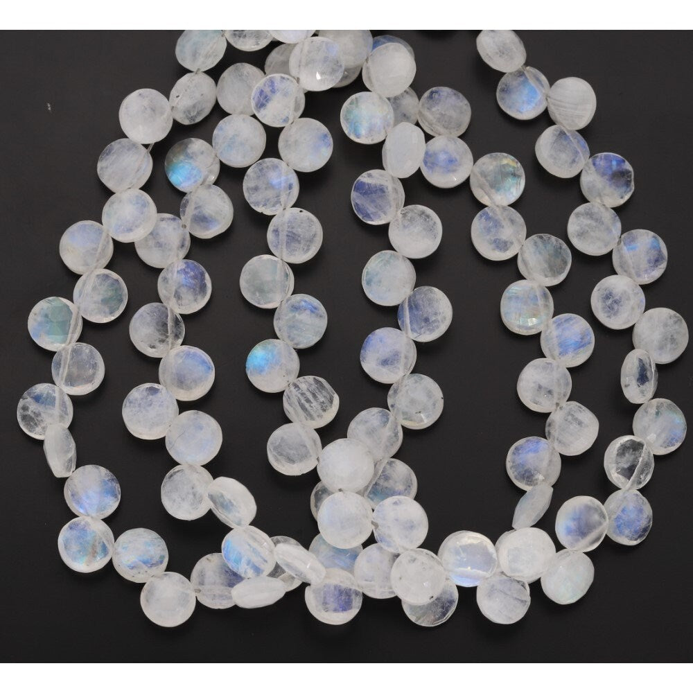 White Rainbow Moonstone Faceted Coin Shape Gemstone Strand Beads