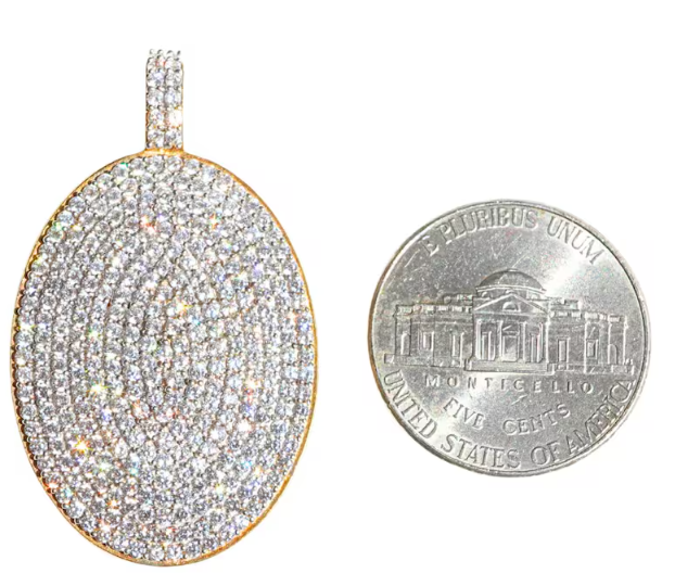 Cubic Zirconia Micro Pave Oval Pendant Sterling Silver Gold Plated 39X23MM