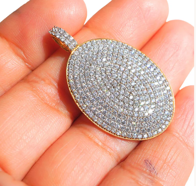Cubic Zirconia Micro Pave Oval Pendant Sterling Silver Gold Plated 39X23MM