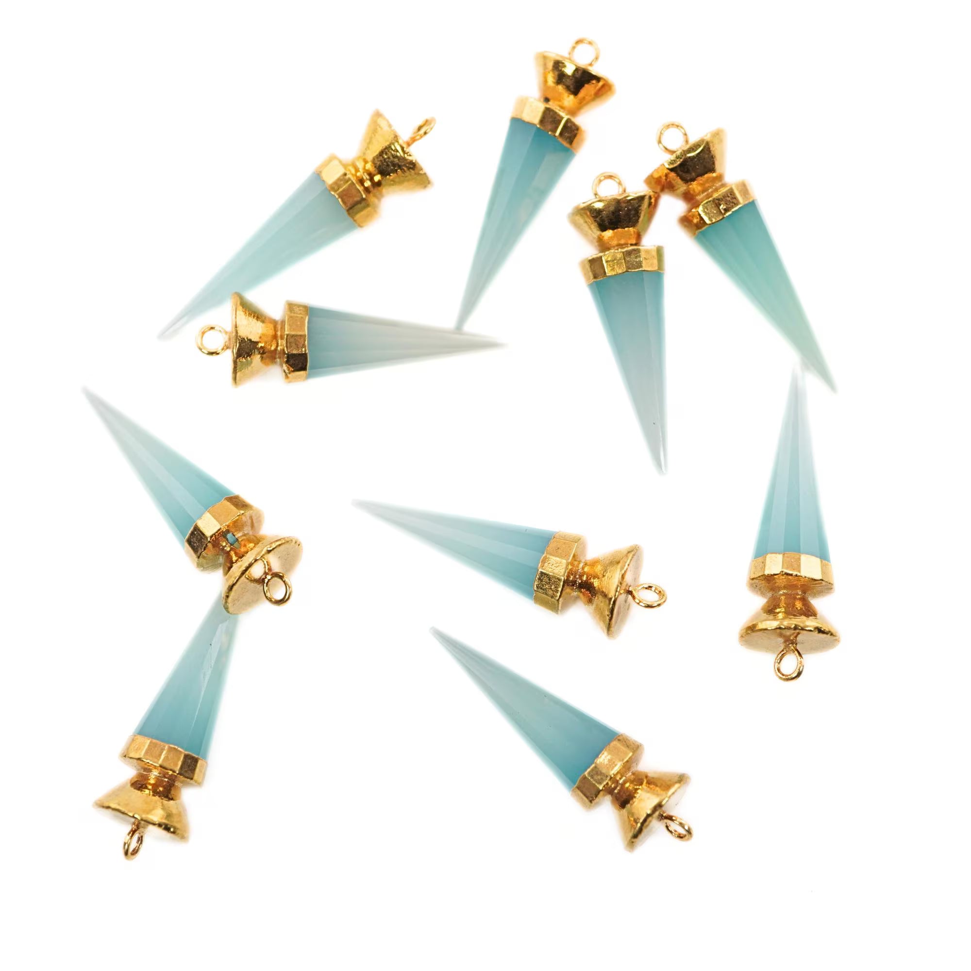 gold charm pendant aqua chalcedony elongated spike shape