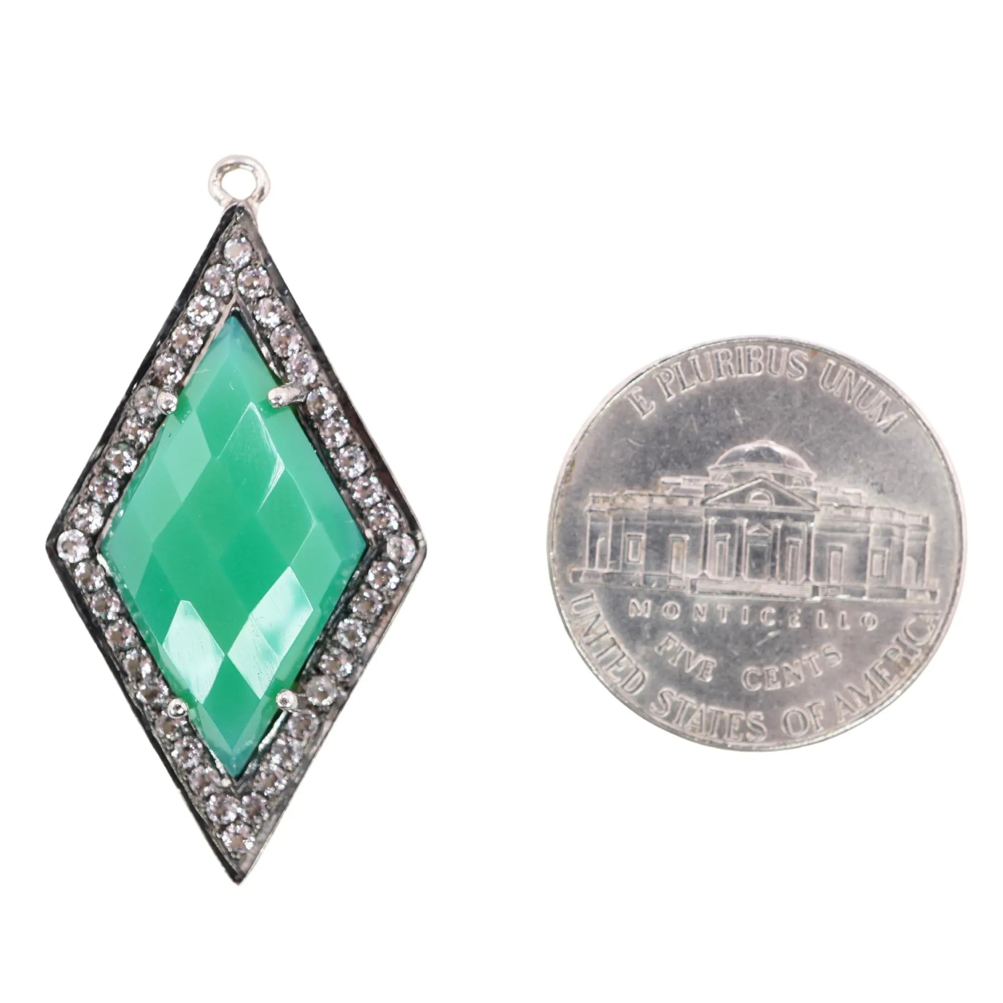 Green Onyx Diamond Shape Gemstone CZ Sterling Silver Micro Pave Finding Charm Pendant