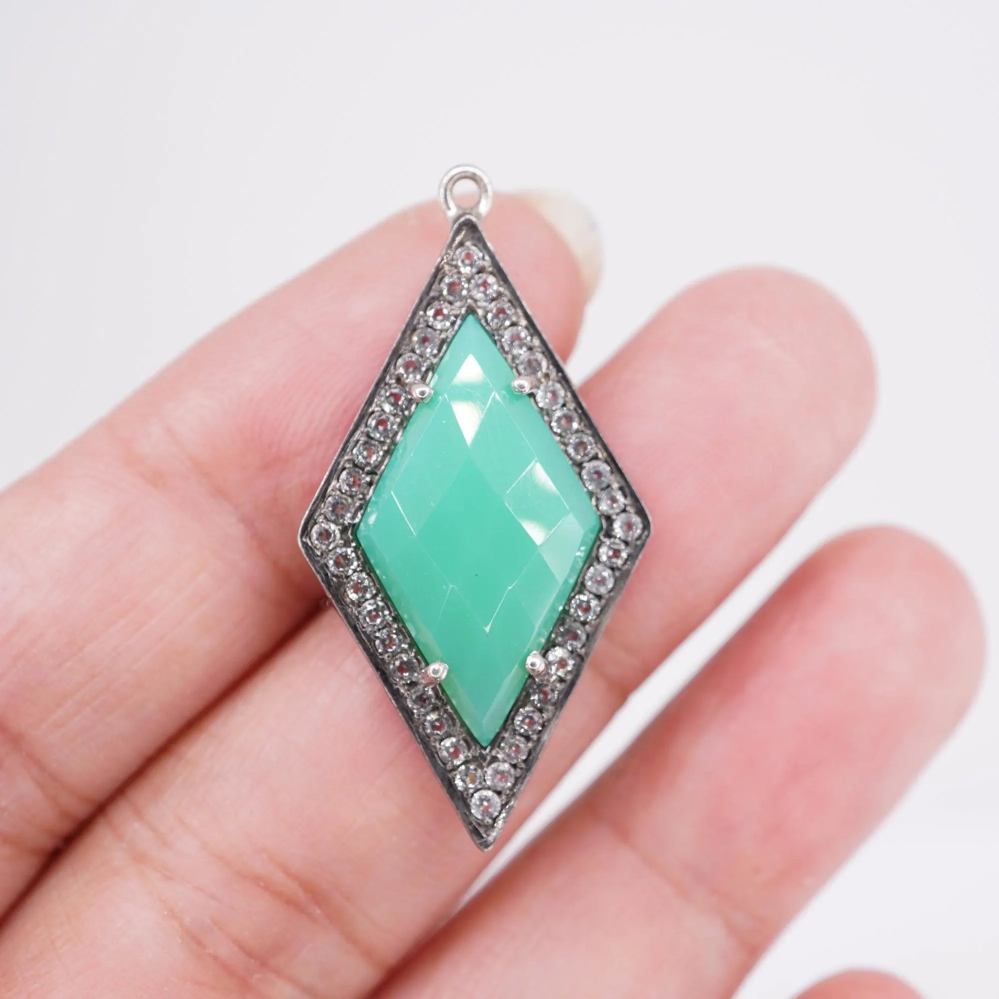 Green Onyx Diamond Shape Gemstone CZ Sterling Silver Micro Pave Finding Charm Pendant