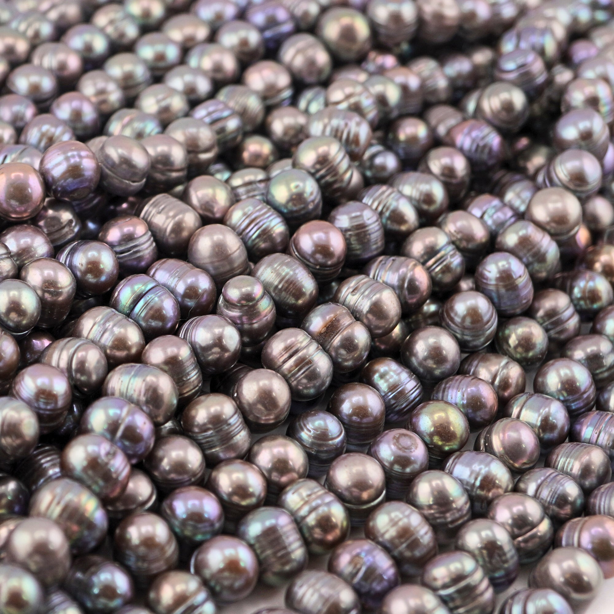 near round pearls in peacock color

