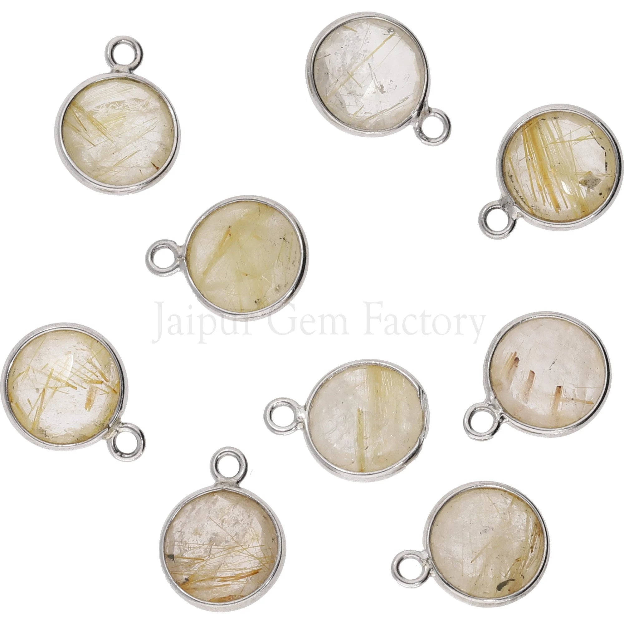 silver rutile quartz coin pendant natural gemstone pair