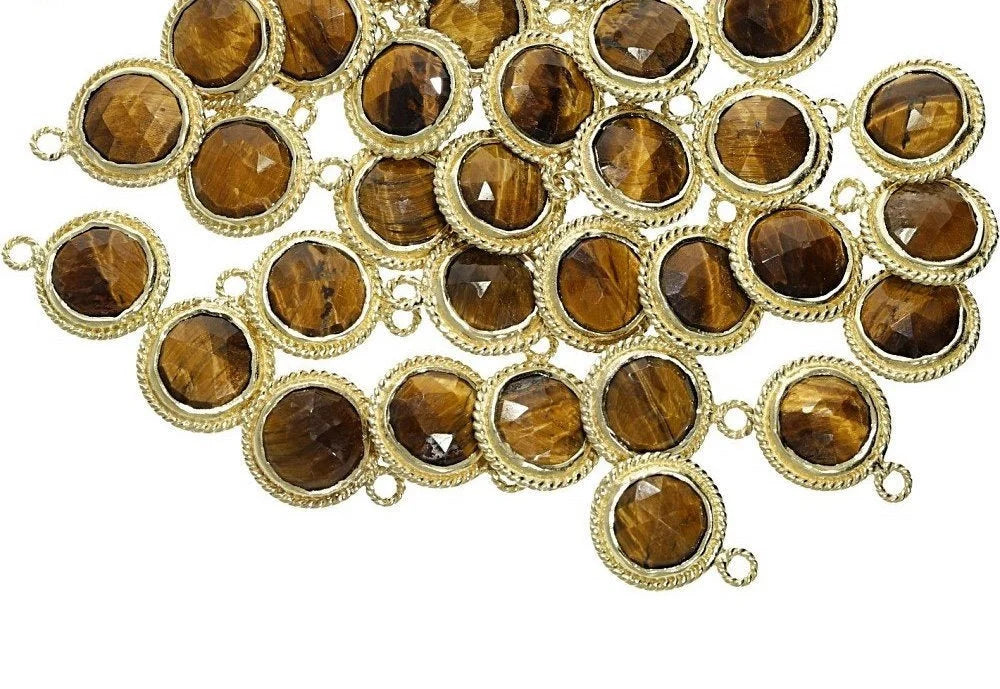 tiger eye pendant coin shape gold twisted wire bezel
