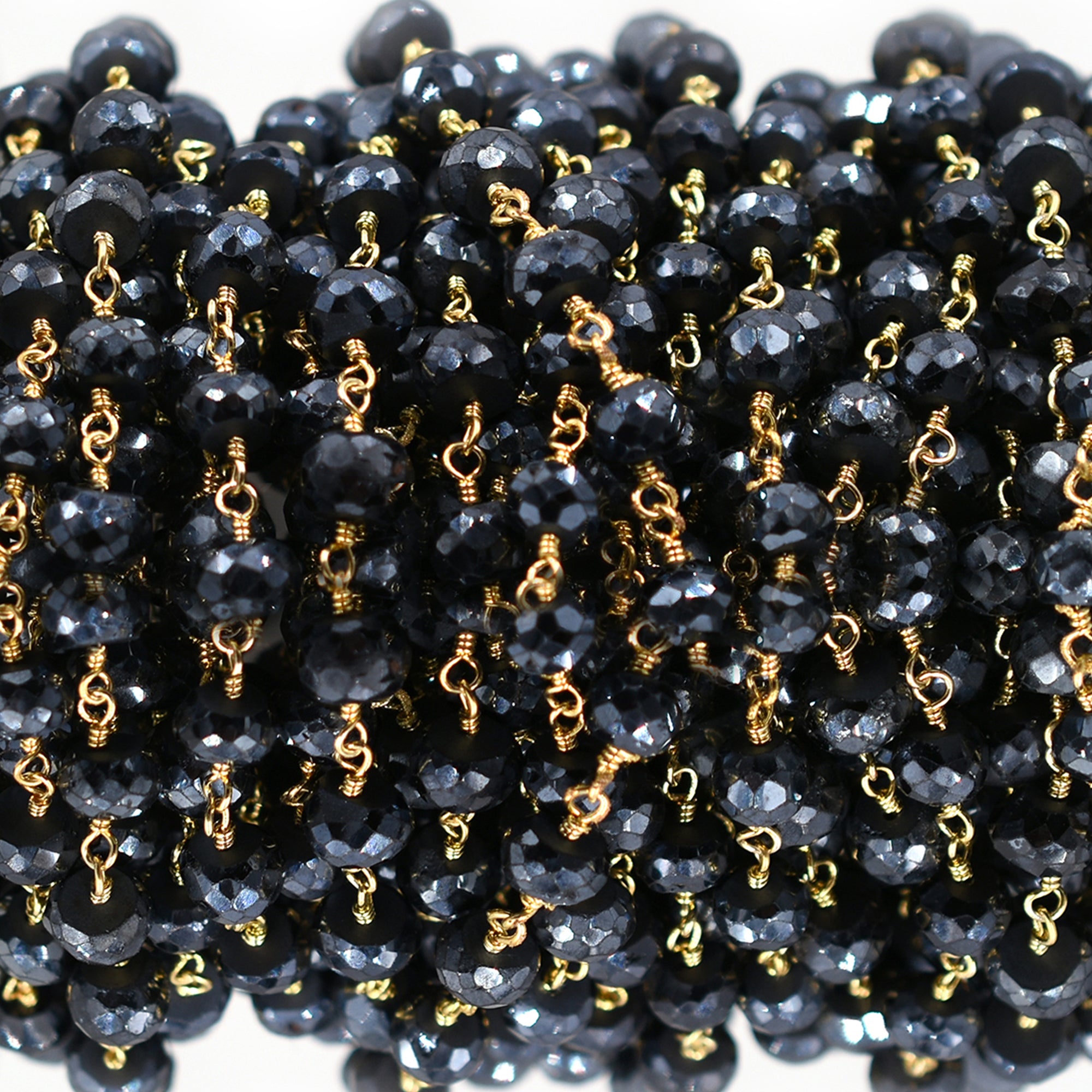 Mystique Black Spinel Faceted Mystique Coated Rondelle Brass Gold Plated Wire Wrapped Chain Sold by Foot