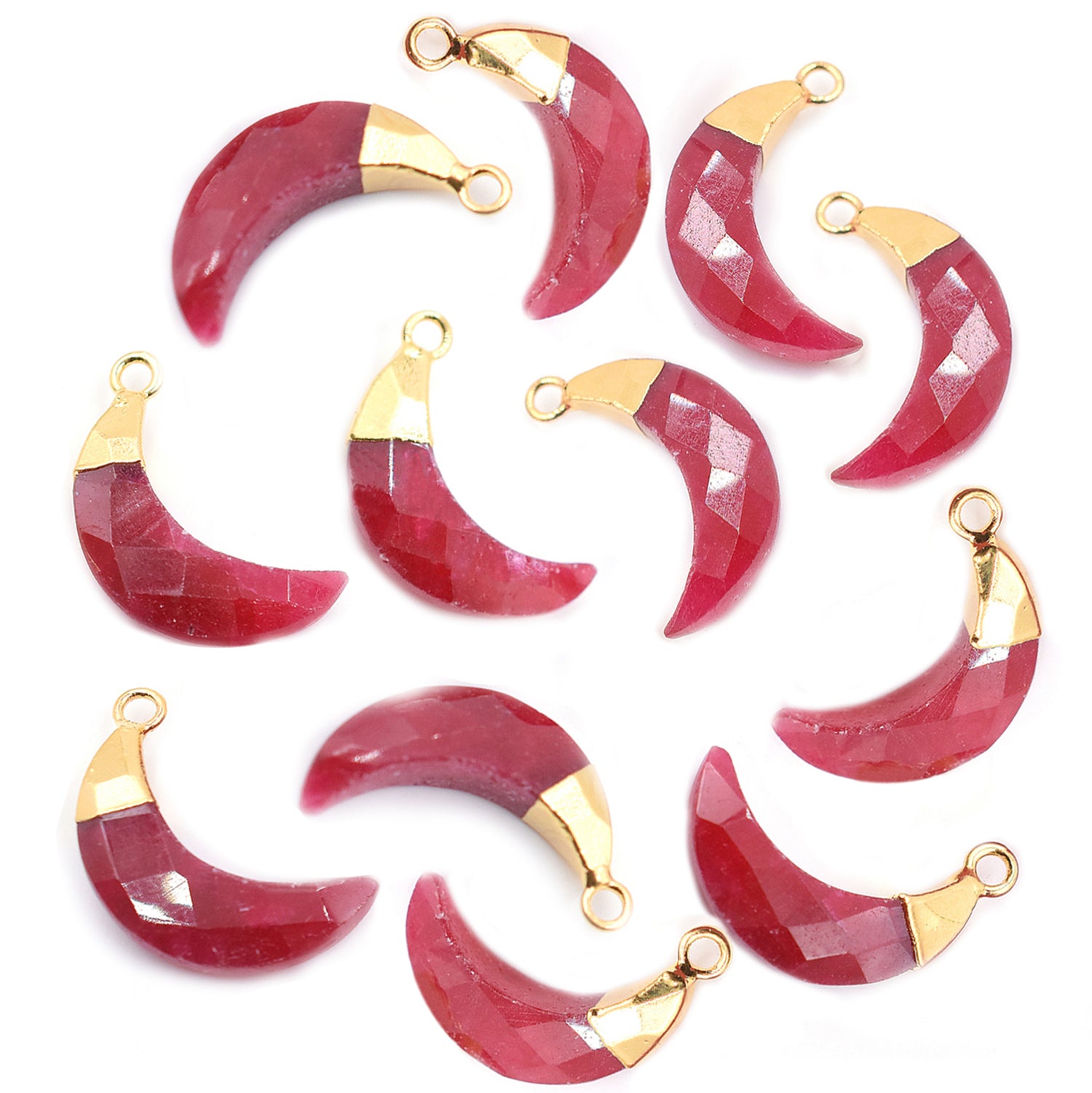 Ruby Corundum Moon Shape 12 x 5 MM Gold Electroplated Pendant (Set Of 2 Pcs)