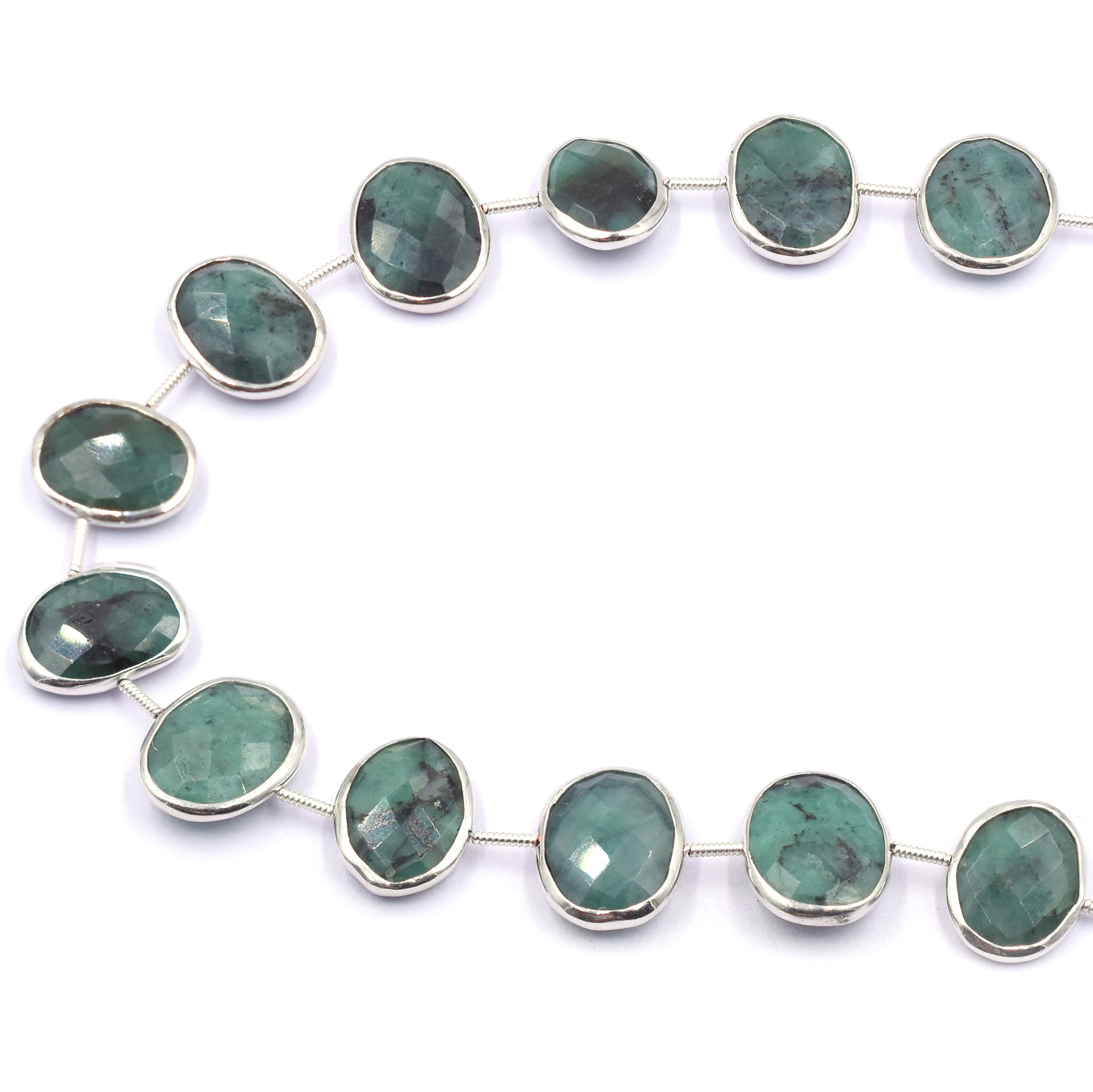 Emerald 15X11 MM Oval Shape Silver Bezel Rhodium Plated Center Drilled Strand - Jaipur Gem Factory