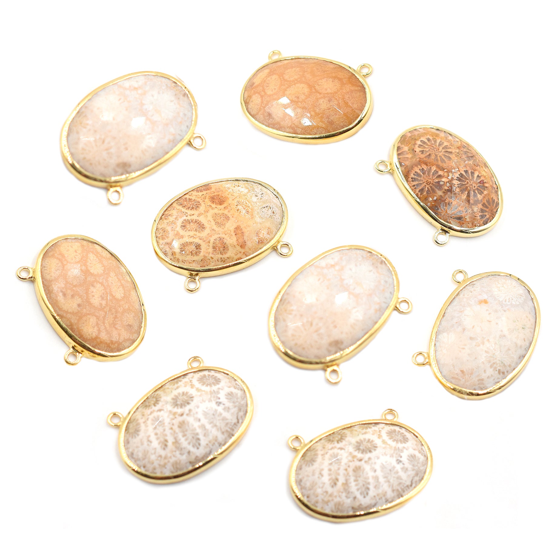 Oval-shaped fossil coral set in silver vermeil pendant