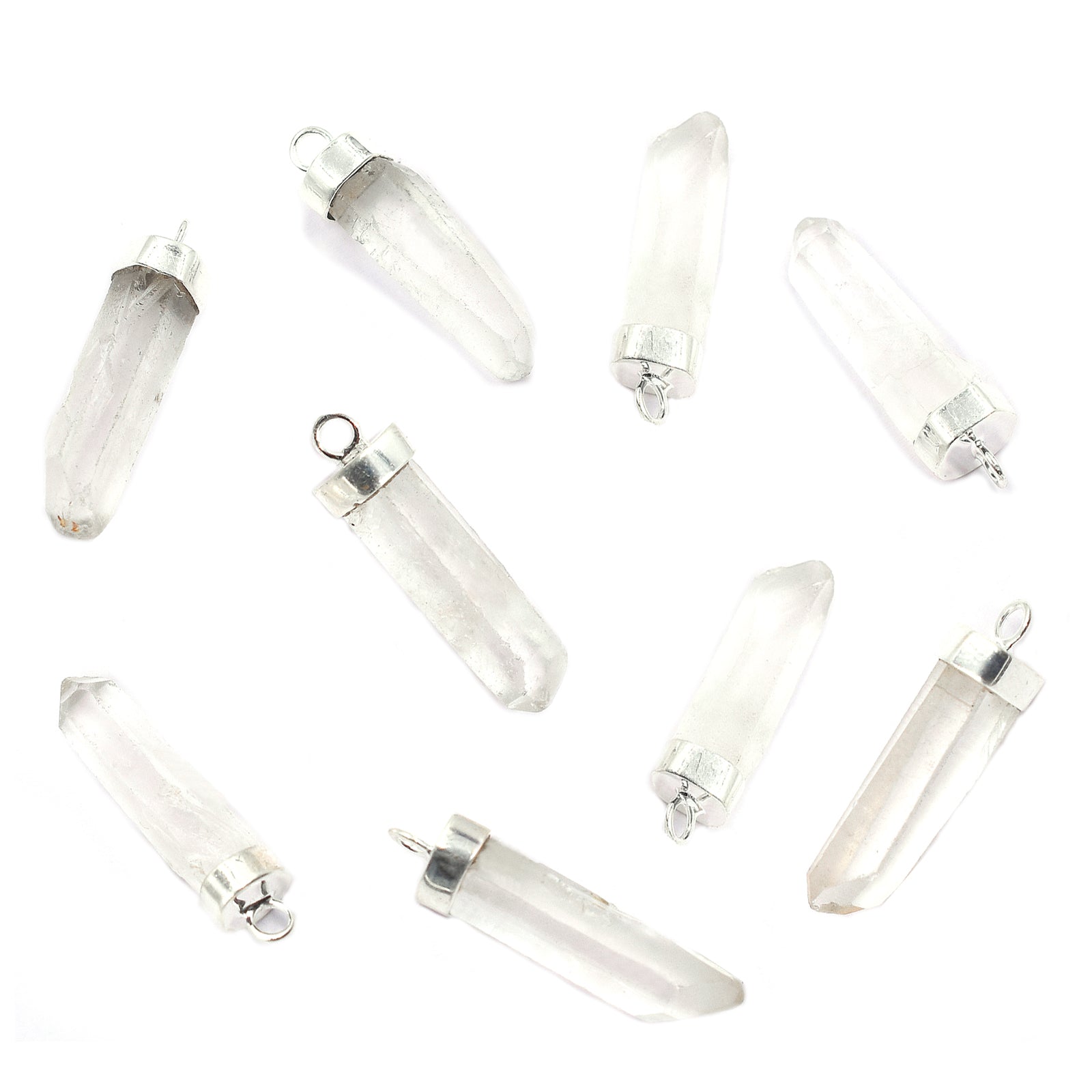 Pencil-shaped crystal quartz set in silver bezel pendant