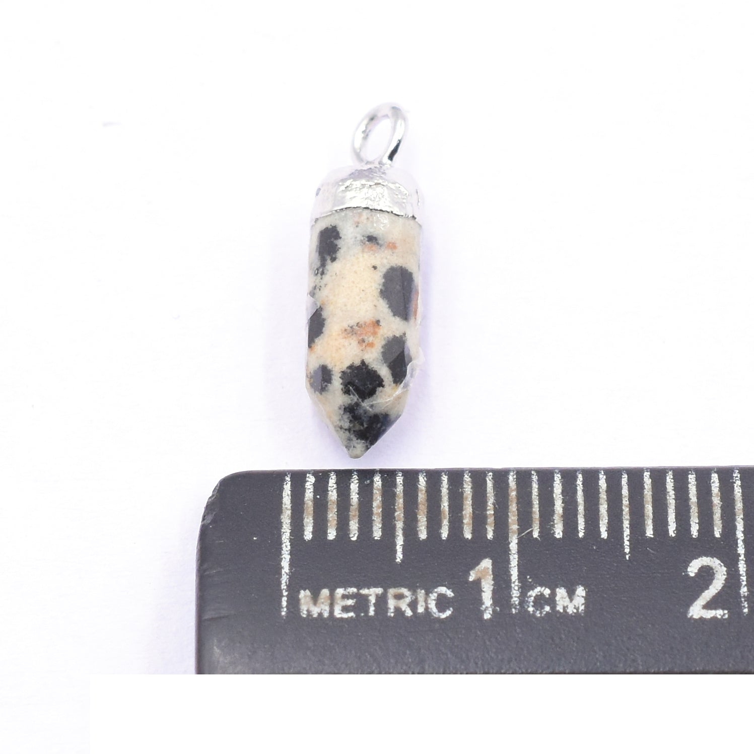 Stylish bullet shaped Dalmatian Jasper pendant with silver detail