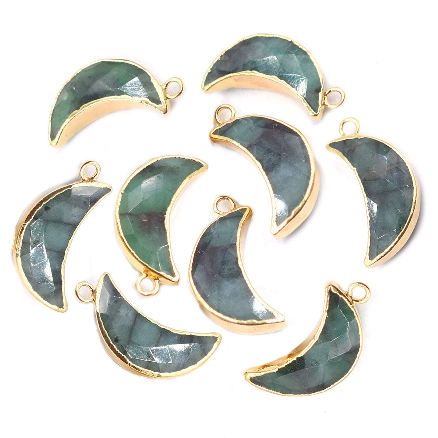 Raw Emerald Moon Shape 12 x 5 MM Gold Electroplated Pendant (Set Of 2 Pcs)