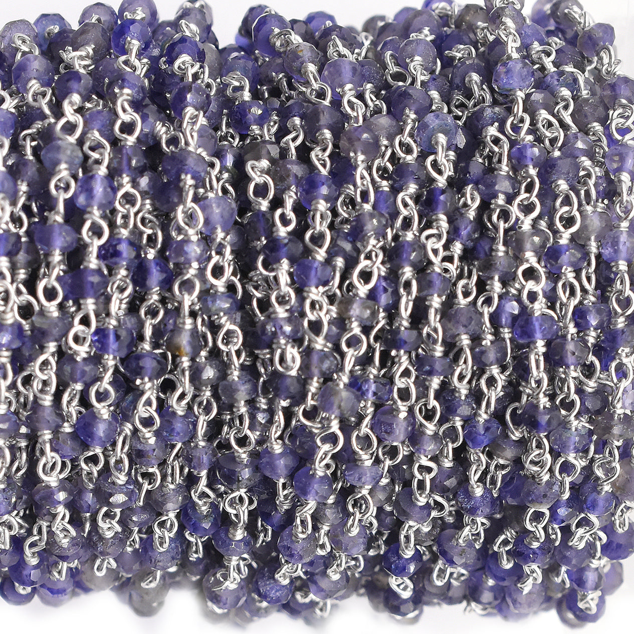 Iolite Faceted Rondelle Sterling Silver Rhodium Plated Rosary Wire Wrap Chain Sold by Foot