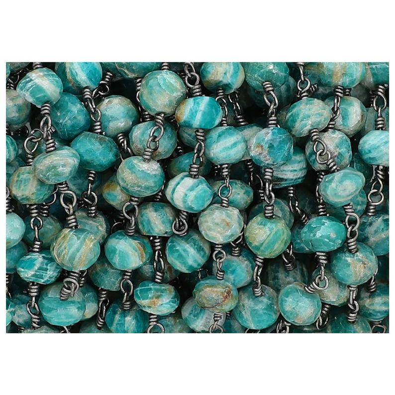 Handcrafted Amazonite Rondelle Chain with 7-8MM Black Oxidized Wire Wrapped Chain
