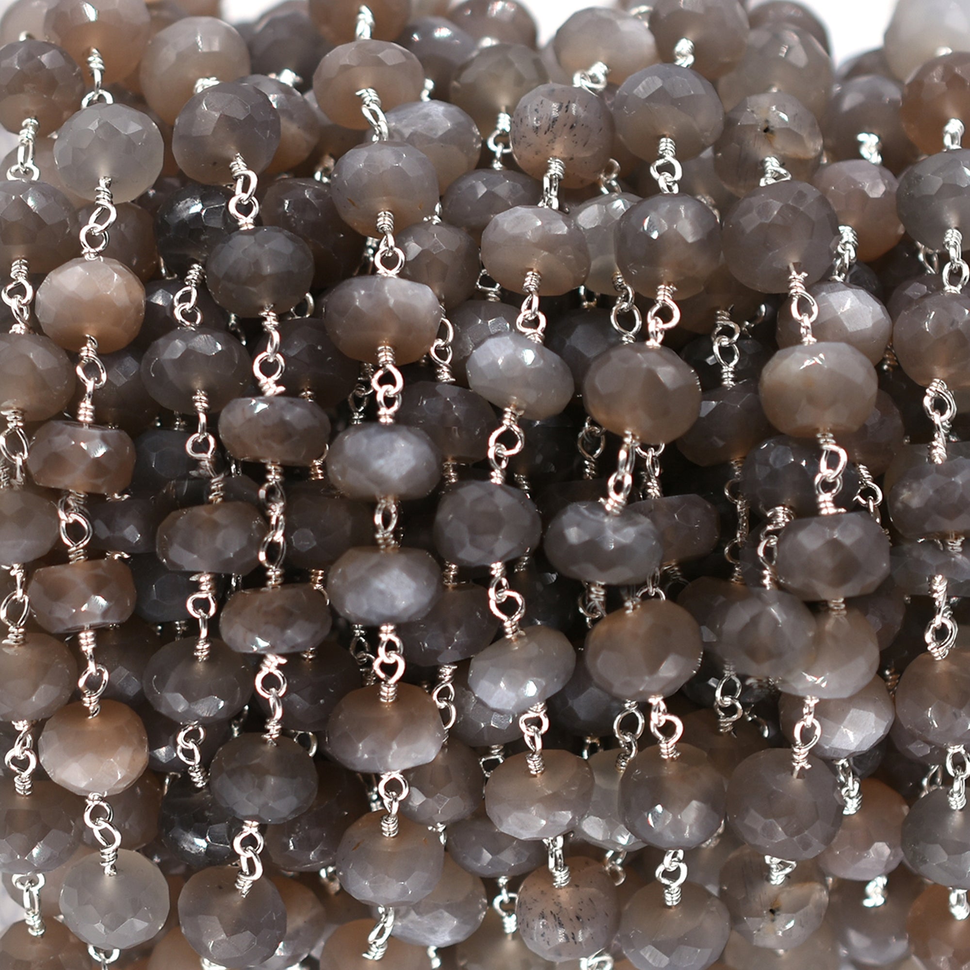 Gray & Brown Moonstone Faceted Rondelle Brass Silver Plated Wire Wrapped Chain Sold by Foot