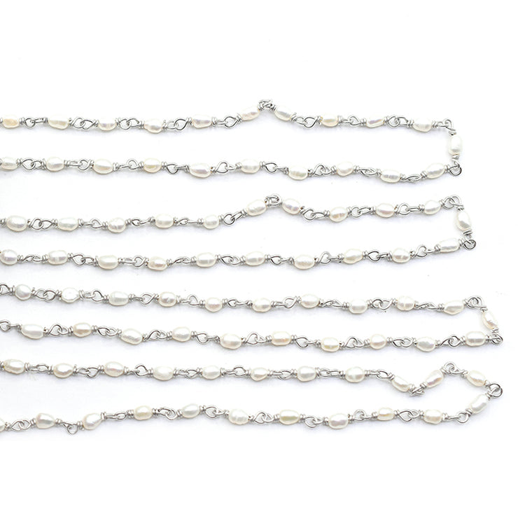 Pearl Smooth Rice Sterling Silver Rhodium Plated Rosary Wire Wrap Chain Sold by Foot