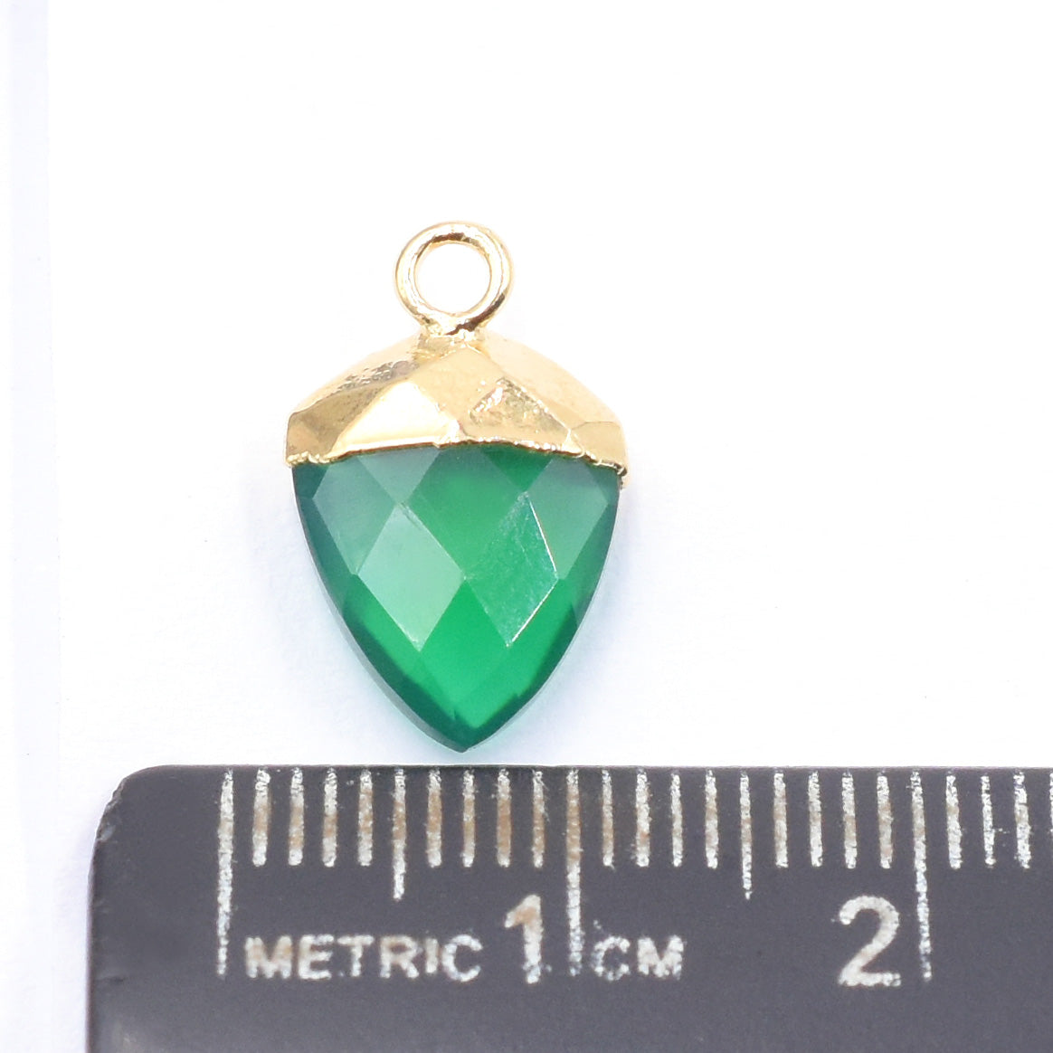 Shield shaped Green Onyx pendant, gold electroplated