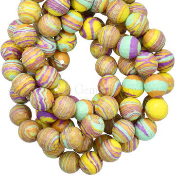 A strand of round faceted Rainbow Calsilica beads in yellow, green, and purple colors.