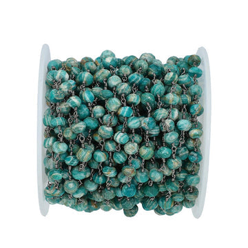 Amazonite Faceted Rondelle Brass Black Oxidized Plated Wire Wrapped Chain Sold by Foot