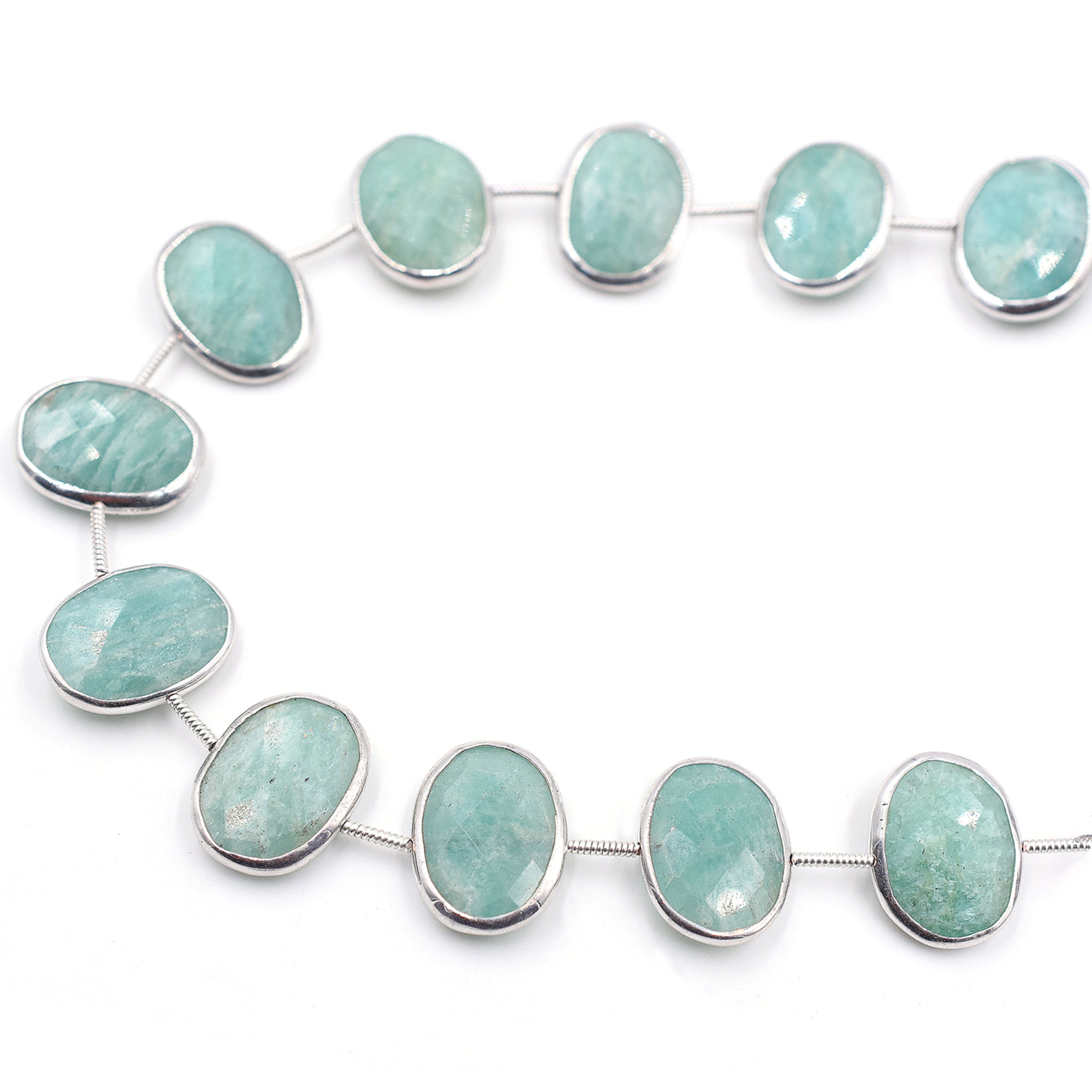 Amazonite Oval Silver Bezel Coin Drilled Strand
