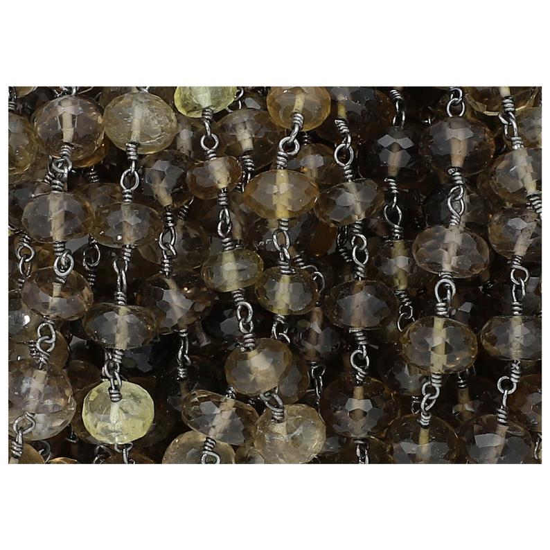 Smoky Lemon Quartz Faceted Rondelle Brass Black Oxidized Plated Wire Wrapped Chain Sold by Foot