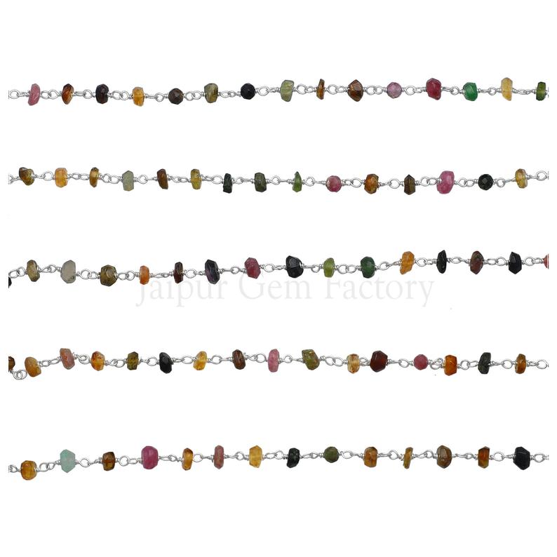 Multi Tourmaline Faceted Rondelle Brass Silver Plated Wire Wrapped Chain Sold by Foot